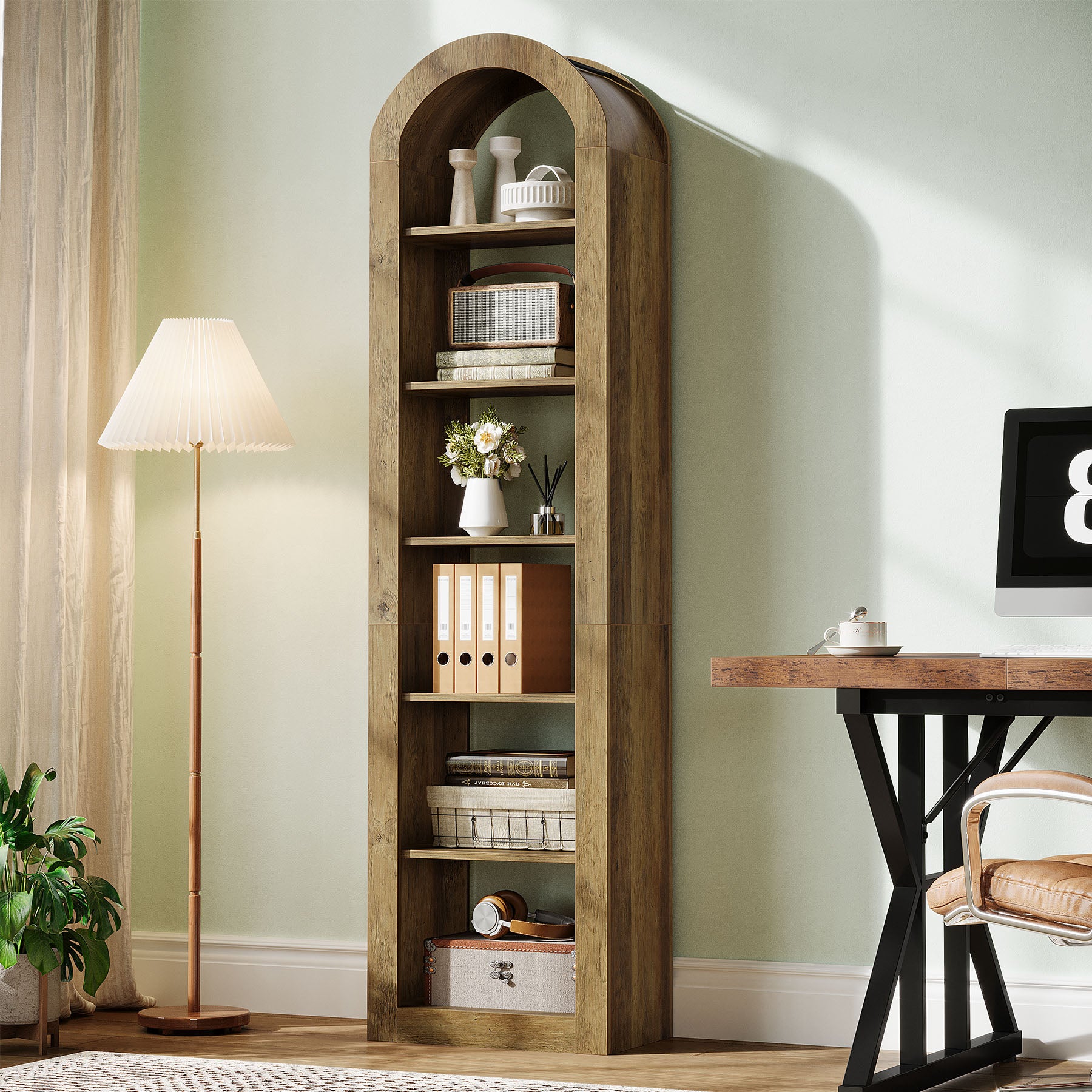 74.8-Inch Tall Arched Bookshelf, 6-Tier Narrow Open Bookcase for Small Spaces