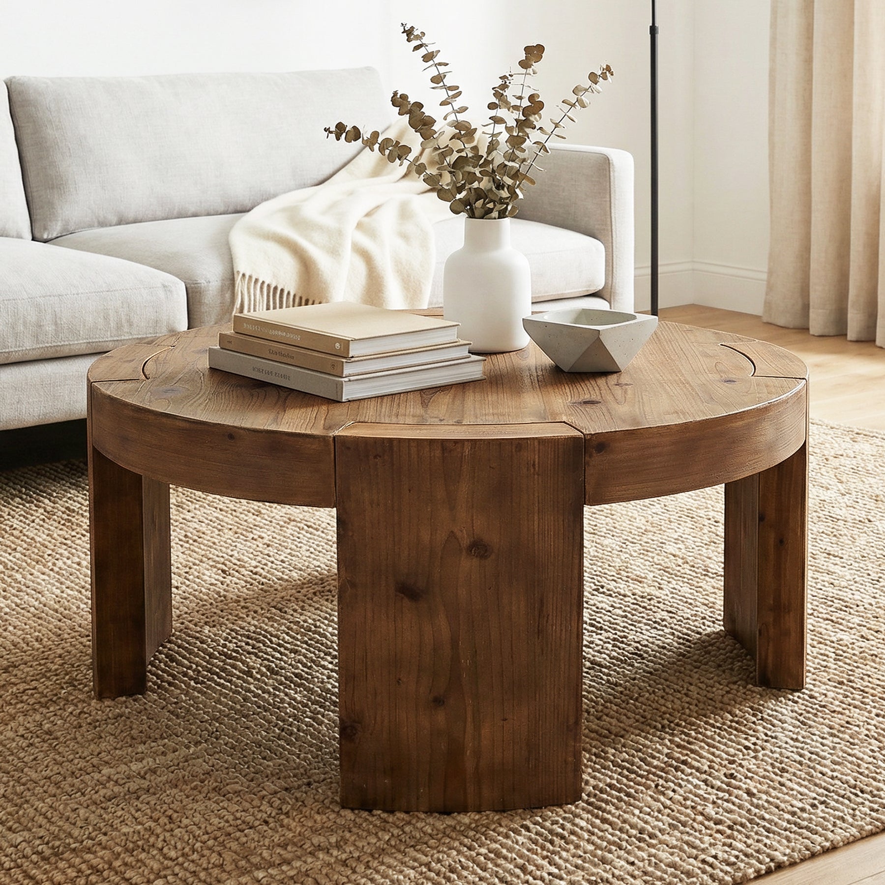 31.5 Inch Solid Wood Round Coffee Table with Integrated Tabletop, Farmhouse Center Table for Living Room
