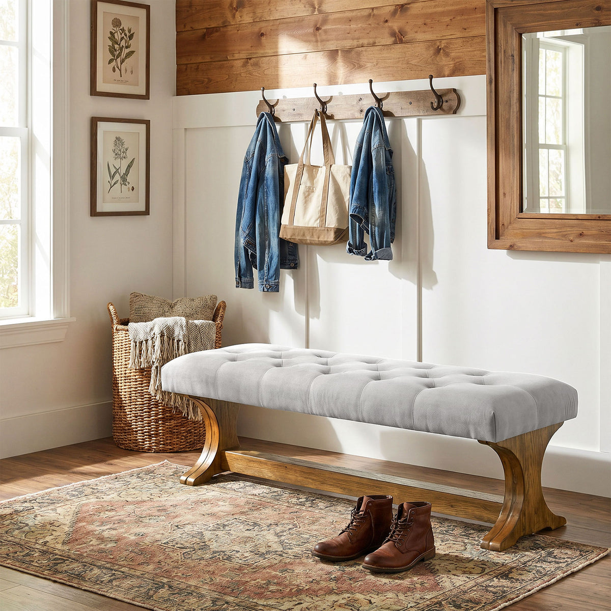Tribesigns 55 Inch Upholstered End of Bed Bench with Tufted Cushion, Farmhouse Storage Bench for Bedroom and Living Room