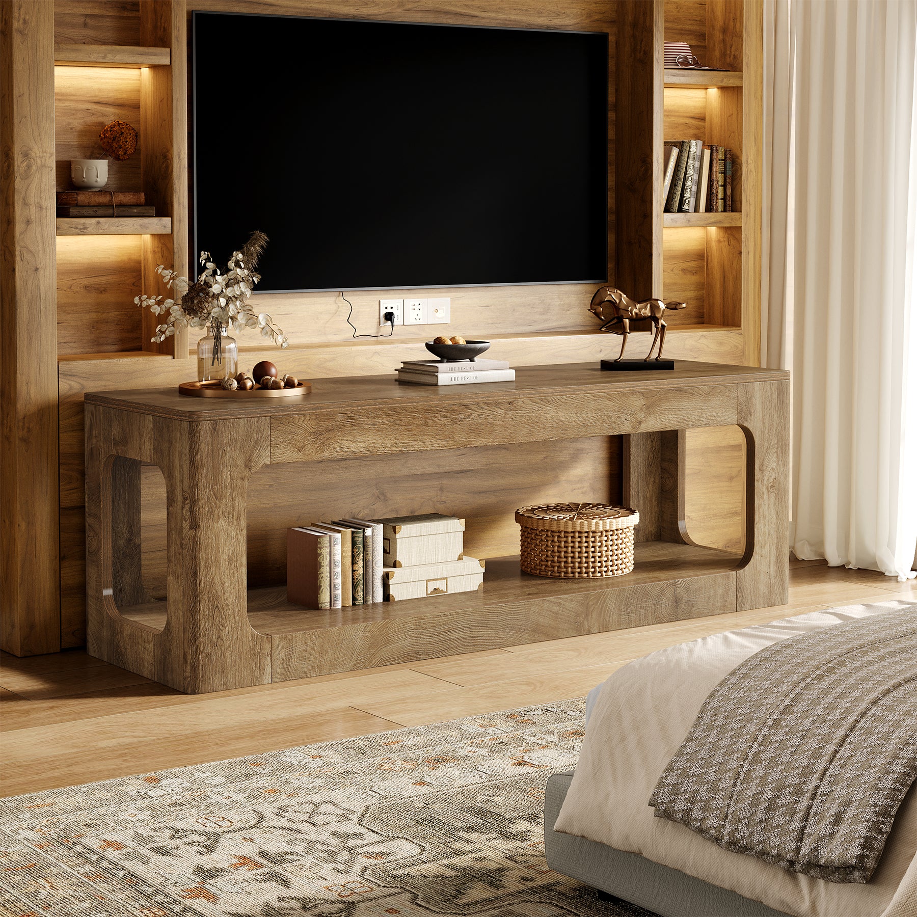 Tribesigns 63-Inch Farmhouse TV Stand with Circle Cutouts, 2-Tier Media Console for Living Room