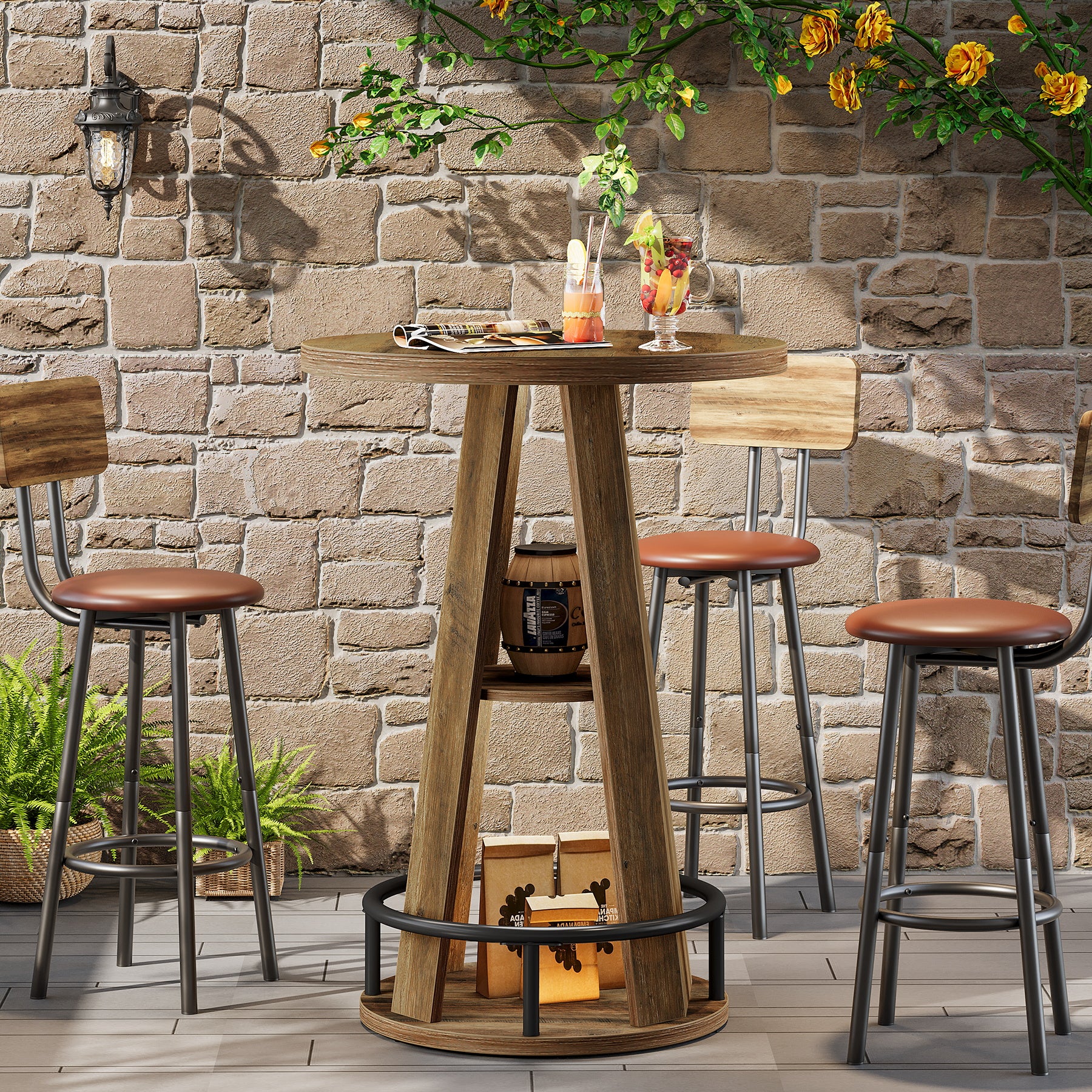 39.4-Inch Round Bar Table, High Top Industrial Bistro Table with Storage and Metal Footrest