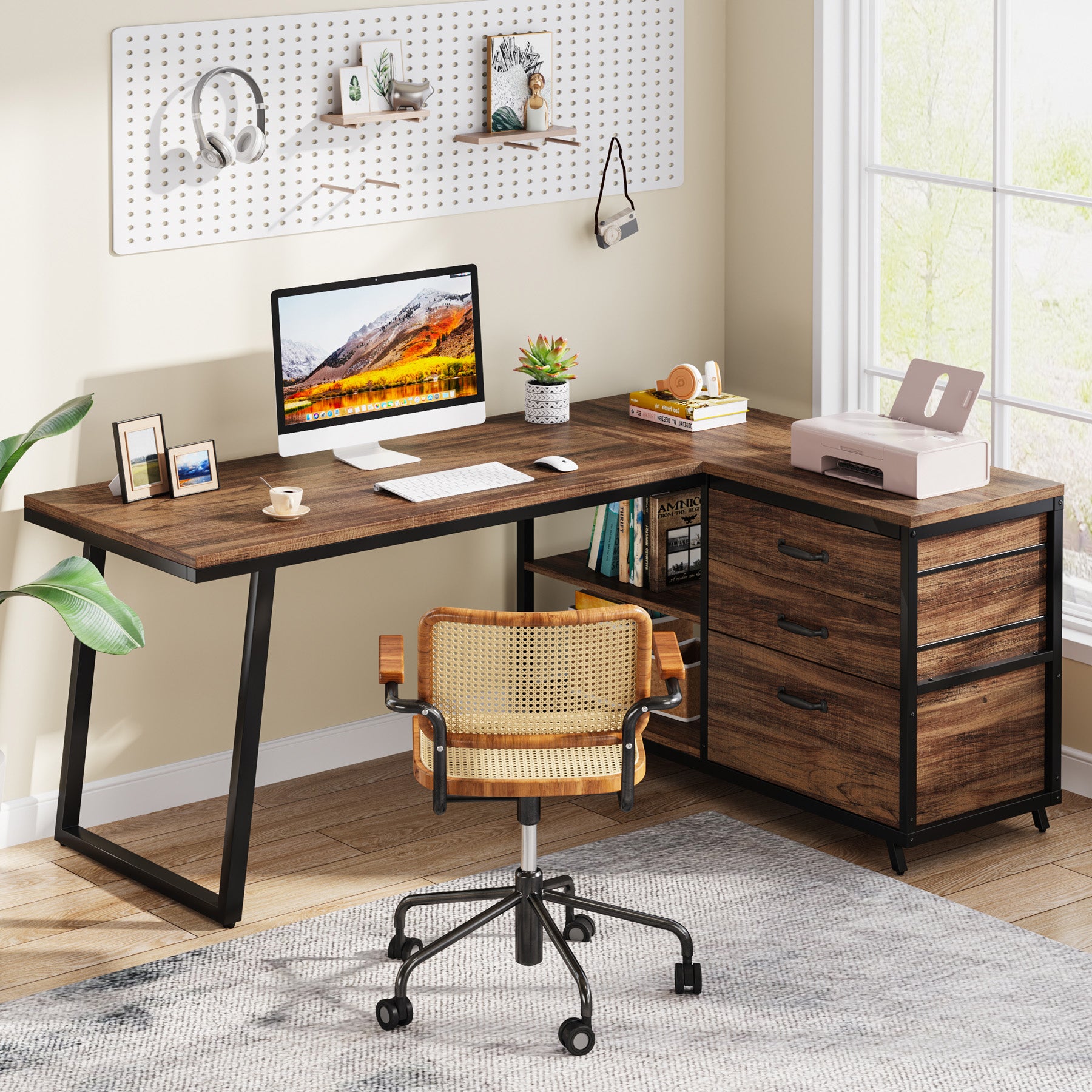 Reversible L-Shaped Computer Desk with 3 Drawers and Shelves, 53-Inch Rustic Brown Corner Desk for Small Spaces