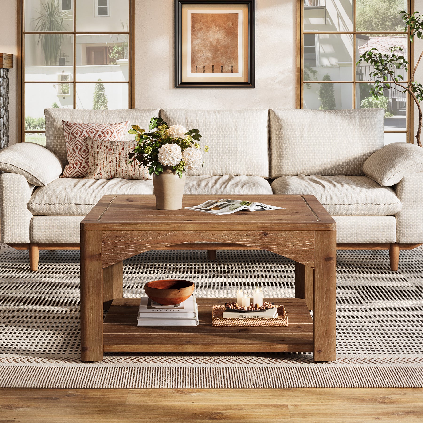 31.5" Square Solid Wood Coffee Table with 2-Tier Storage, Wooden Center Table for Living Room