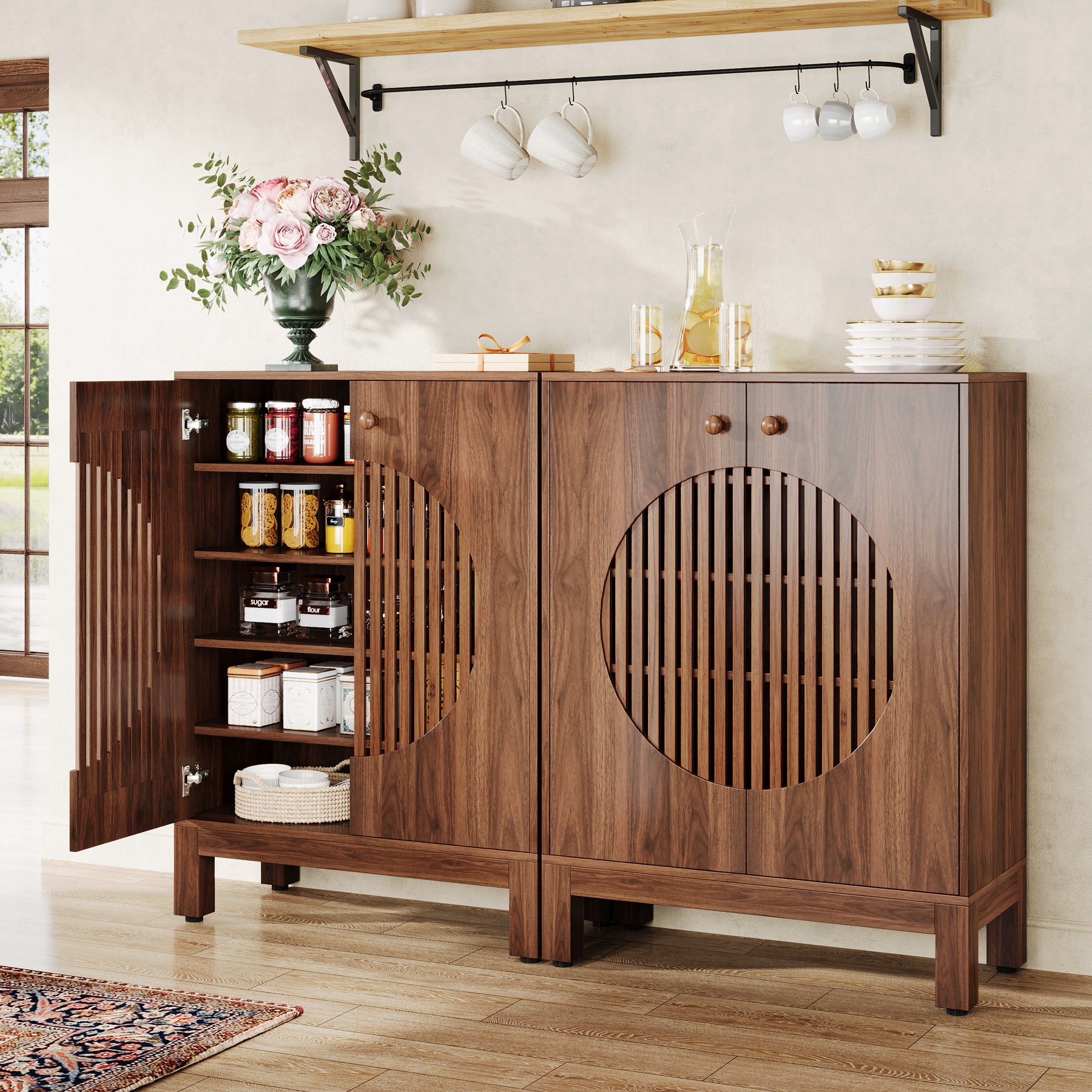 Tribesigns 28.74-Inch Farmhouse Sideboard Cabinet, Wooden Buffet Cabinet with Round Louvered Doors for Kitchen
