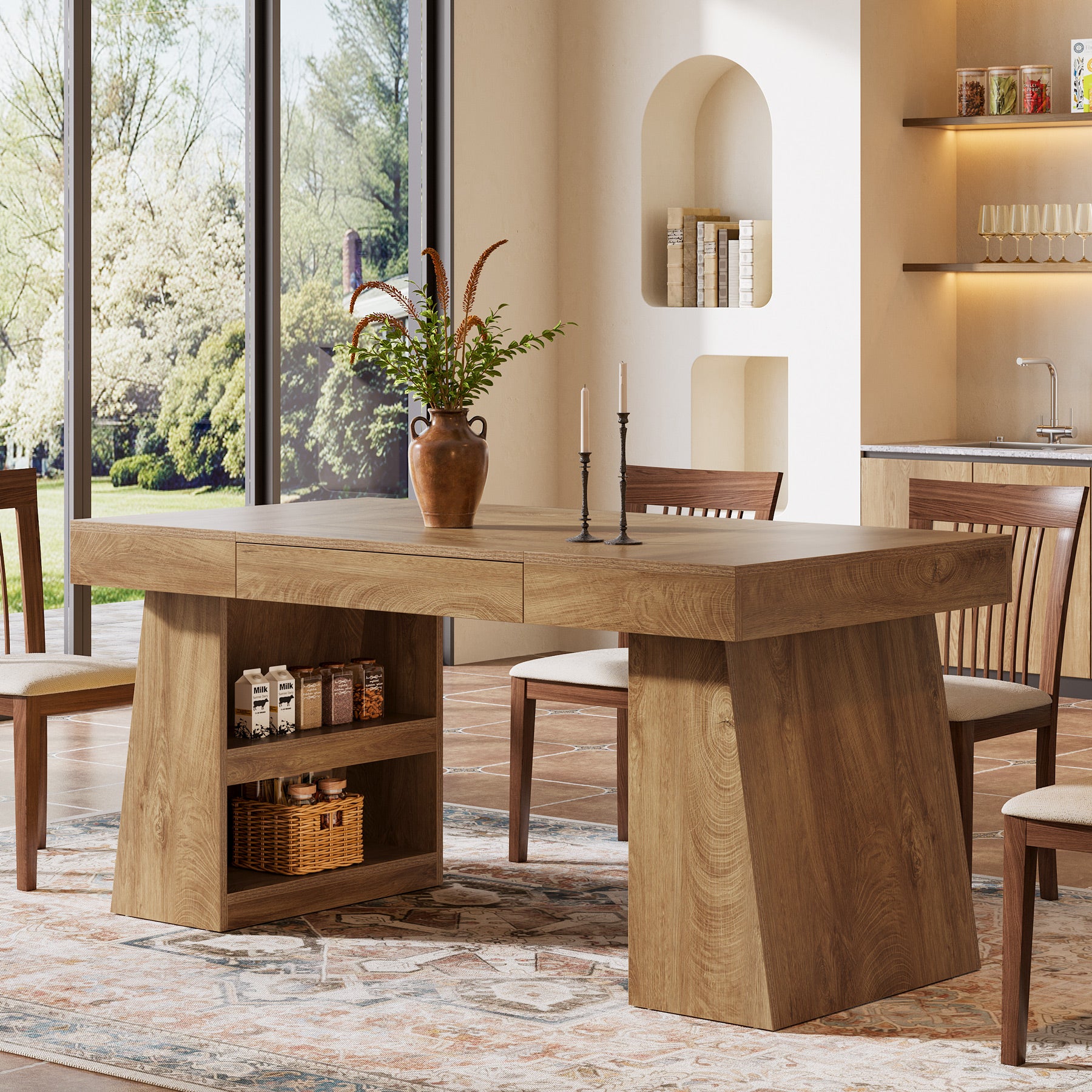 Tribesigns 55 Inch Dining Table for 4-6 People, Farmhouse Wooden Kitchen Table with Storage Drawer and Shelves