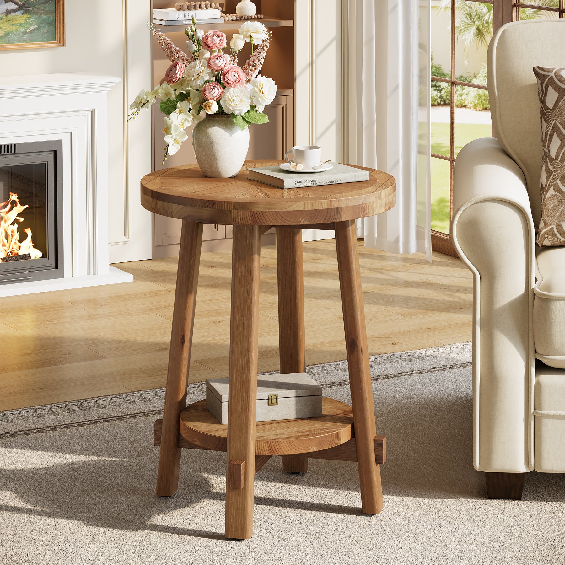Tribesigns 19.7-Inch Solid Wood Side Table with 2-Tier Shelf, Round Farmhouse Table for Living Room