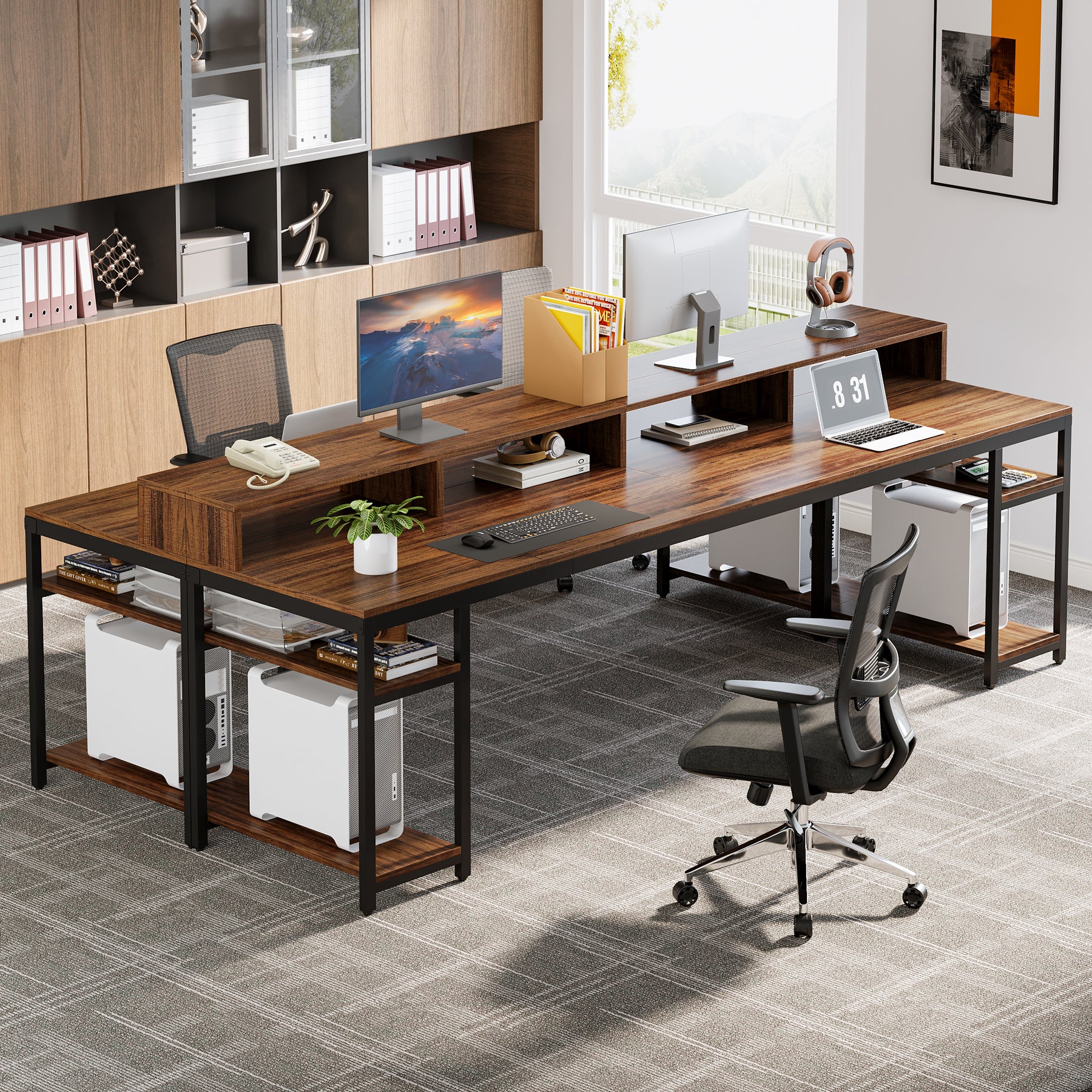 78.74" Two Person Desk with Monitor Stand, Double Computer Desk for Home Office Gaming Study