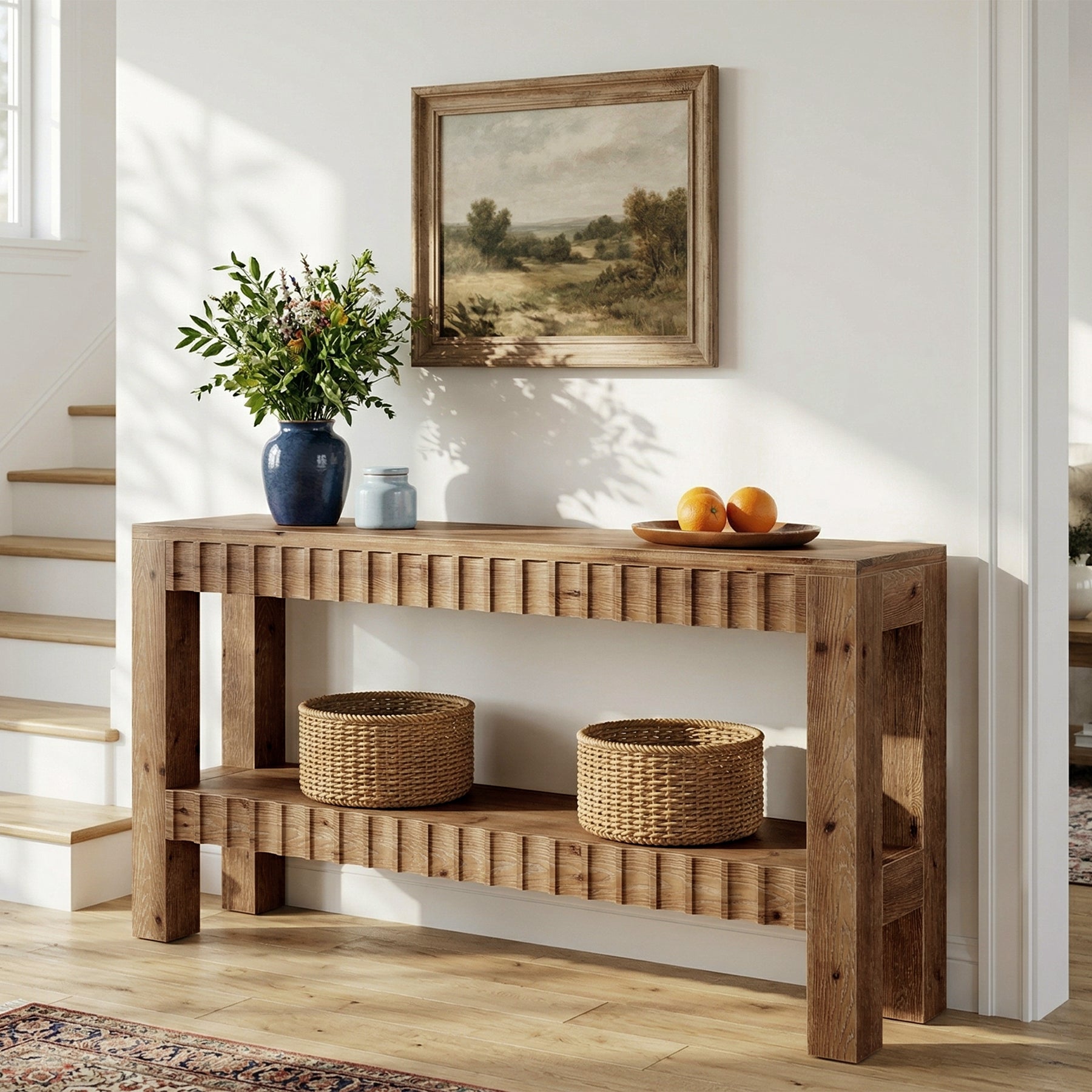 63" Console Table, Solid Wood Farmhouse Entryway Table with 2-Tier Storage
