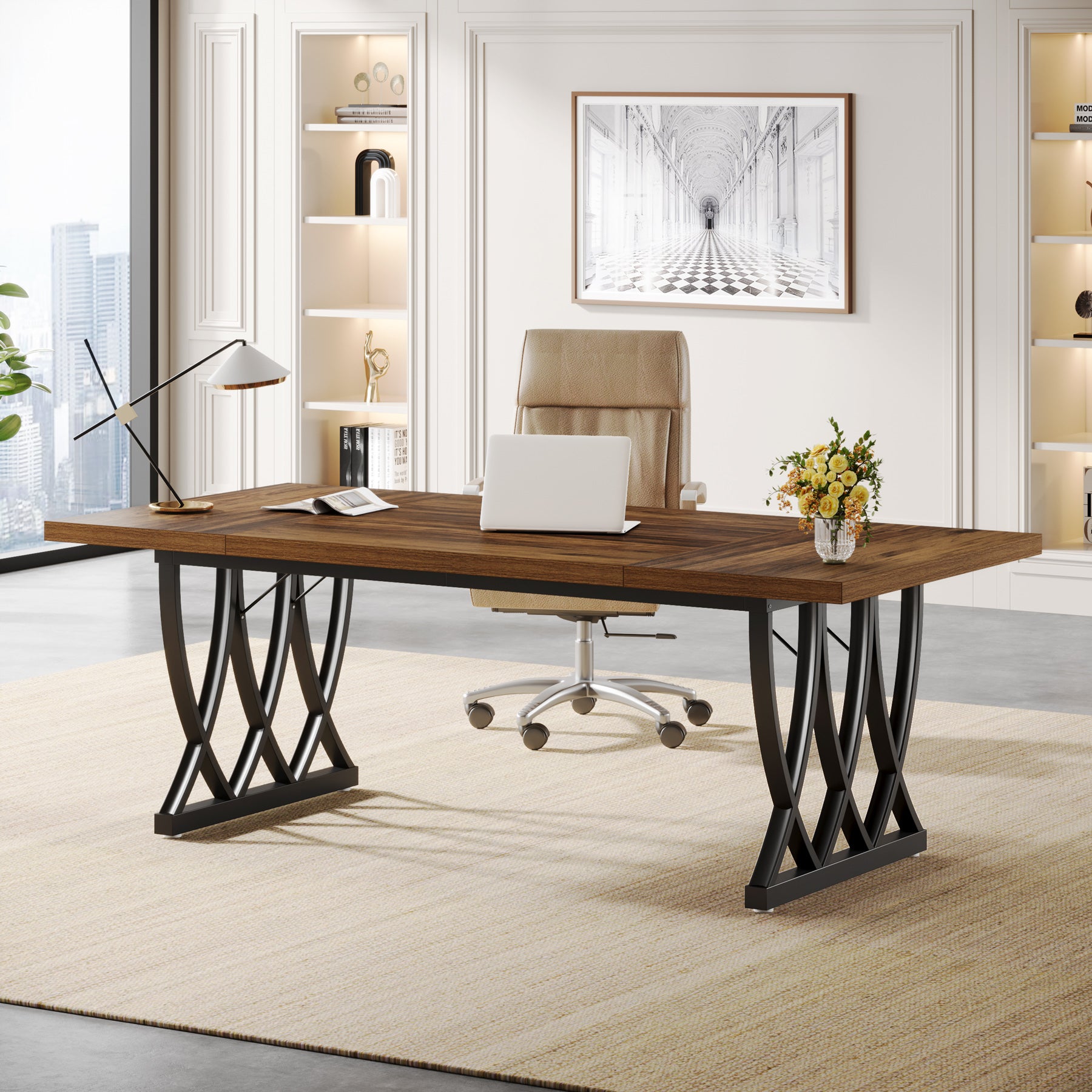 Tribesigns 70.86-Inch Executive Desk, Large Home Office Computer Desk with Trestle Metal Frame for Study and Writing