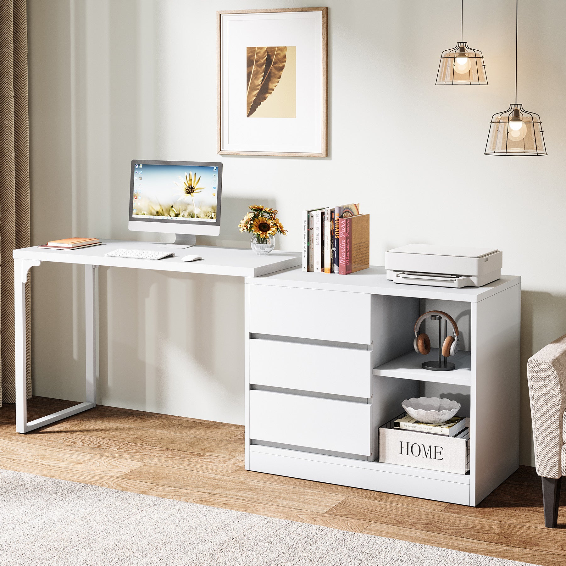 Tribesigns Reversible L-Shaped Computer Desk with Drawers and Shelves, White Corner Office Desk for Home Office and Bedroom
