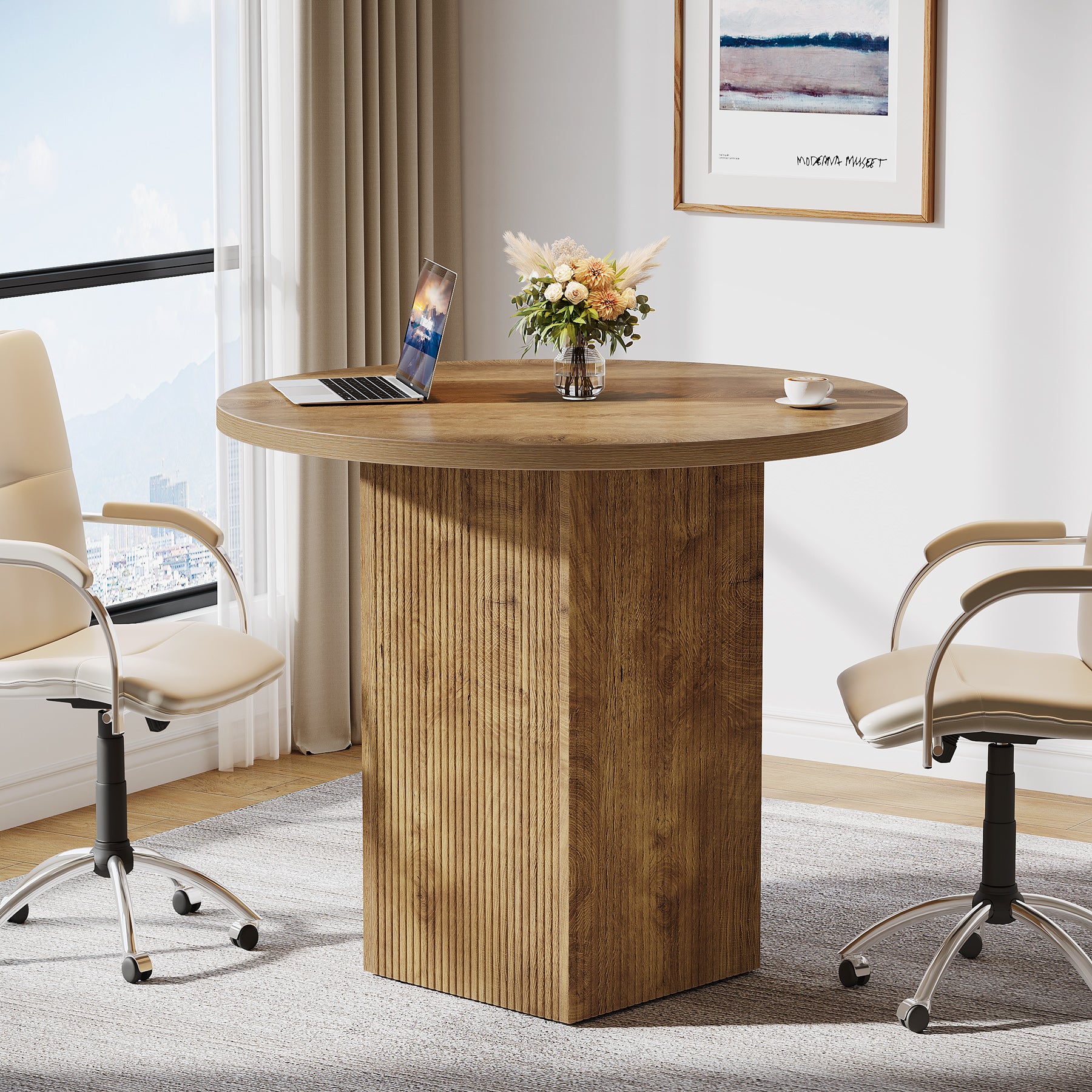 Tribesigns 31.5-Inch Round Conference Table with Fluted Pedestal Base, Small Office Meeting Table for Conference Room Study and Home Office