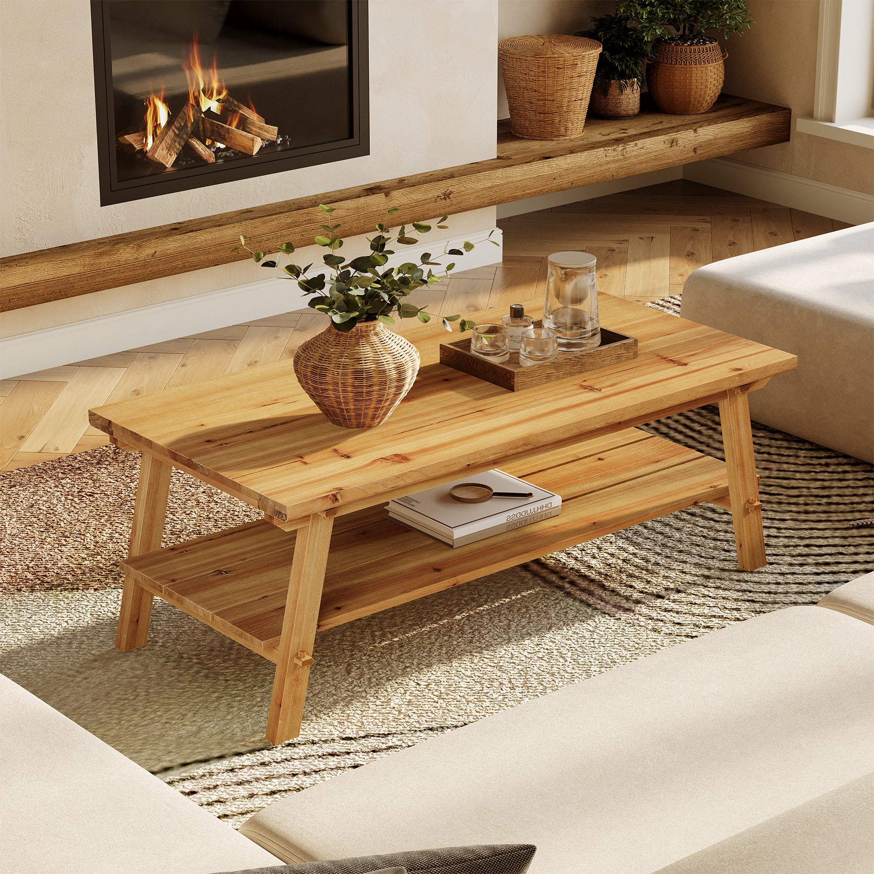 Farmhouse Rectangular Coffee Table, 47-Inch Solid Wood with Two Storage Shelves