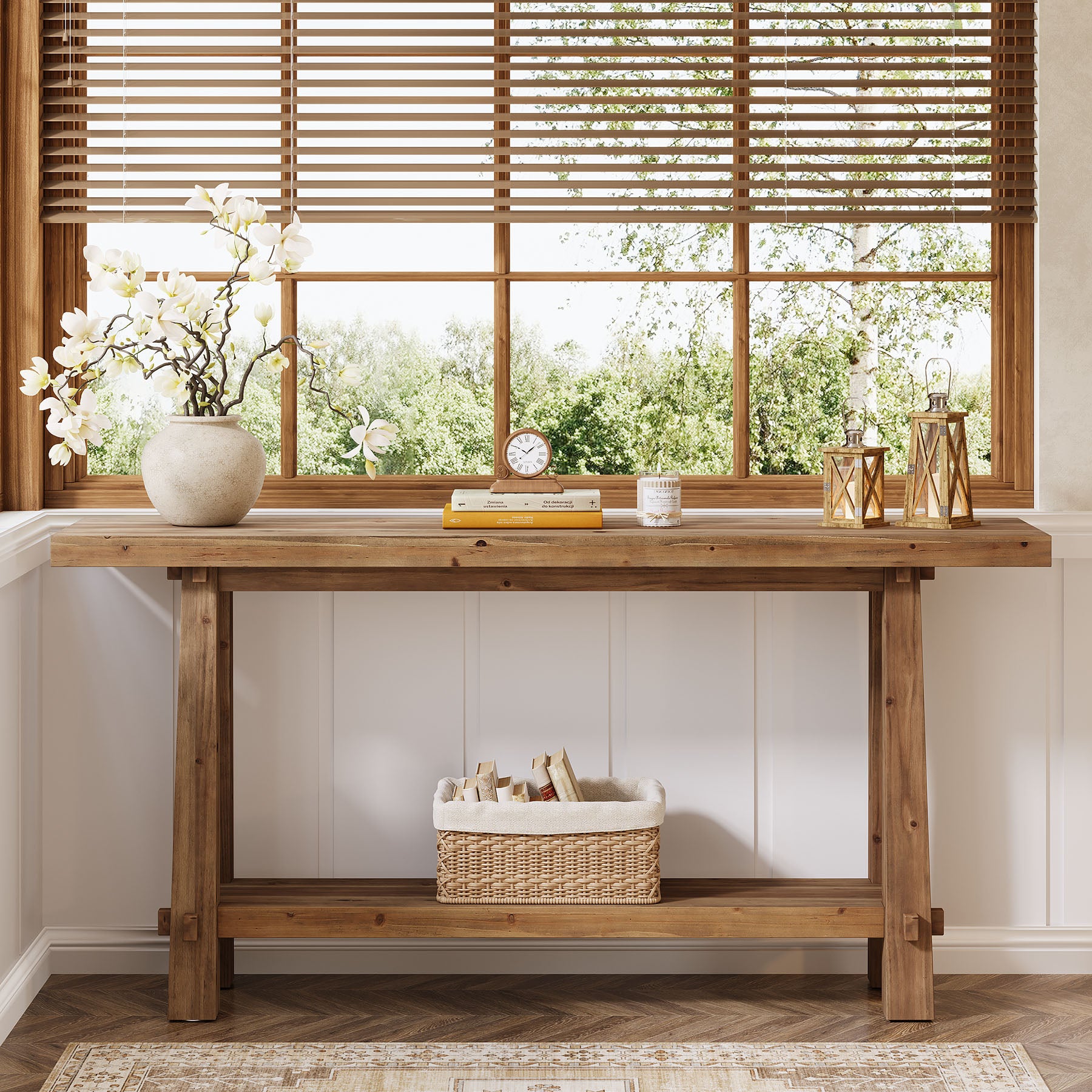 Tribesigns 63" Console Table, Farmhouse Solid Wood Entryway Sofa Table with 2-Tier Storage