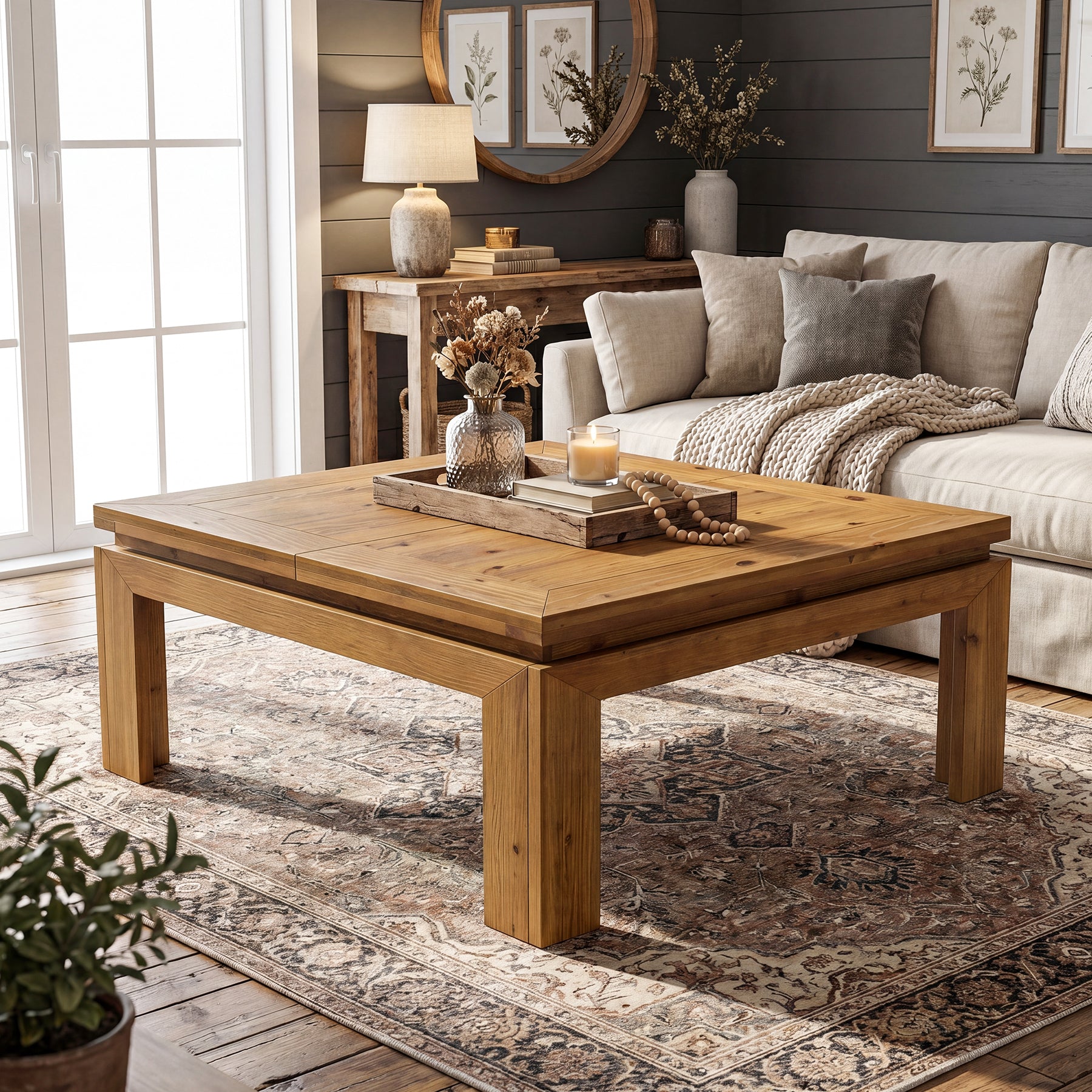 Tribesigns 39.4-Inch Solid Wood Coffee Table with Recessed Edge, Square Farmhouse Center Table for Living Room