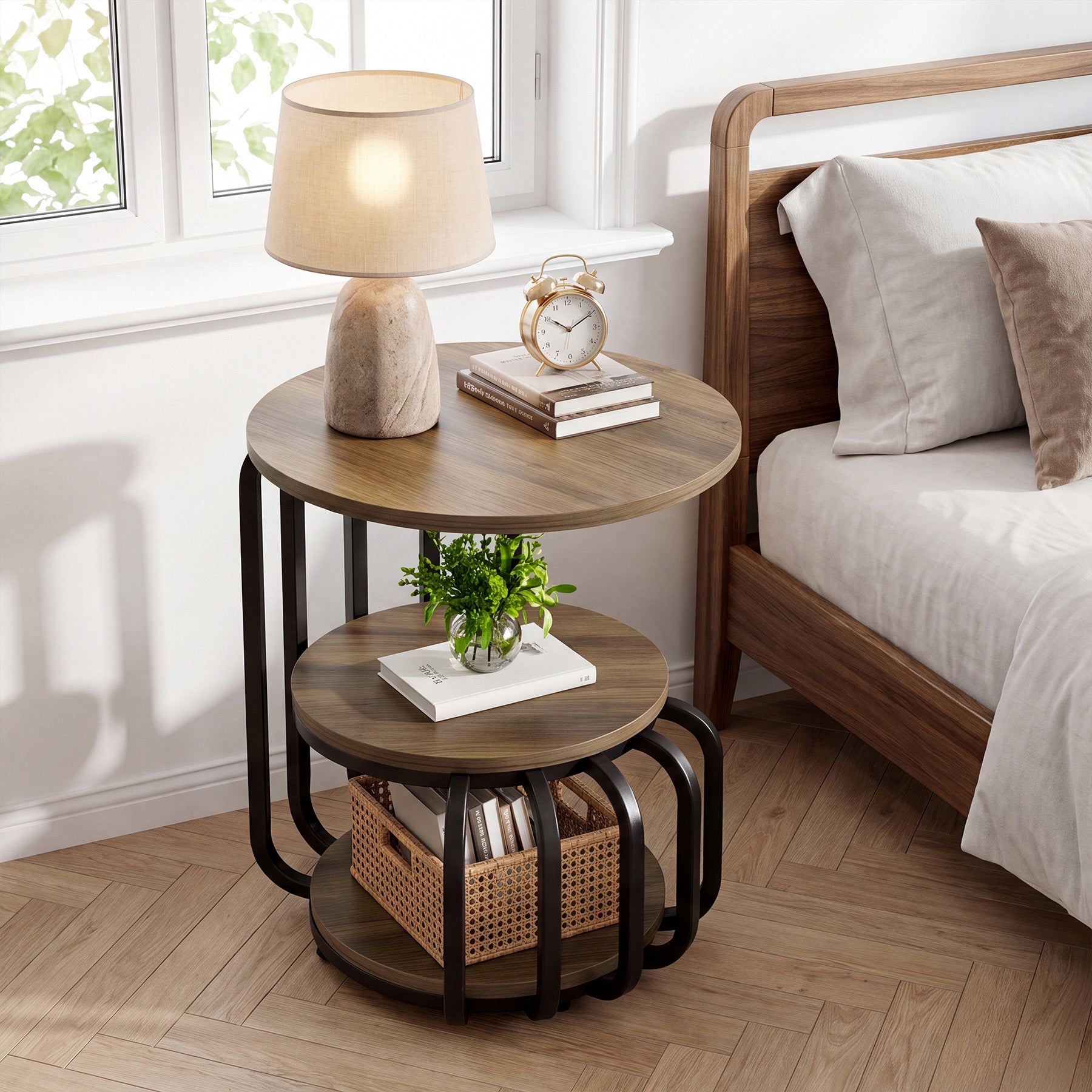 19.69 Inch Round Nightstand, 3 Tier Industrial Side Table with Storage for Bedroom