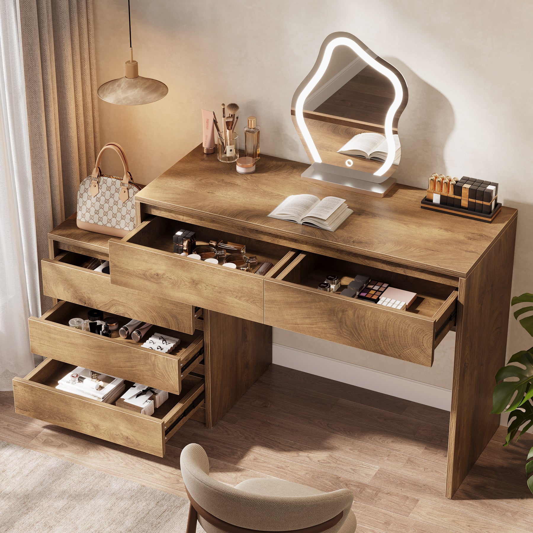 63-Inch Makeup Vanity Desk with 5 Drawers, Modern Dressing Table with Cabinet