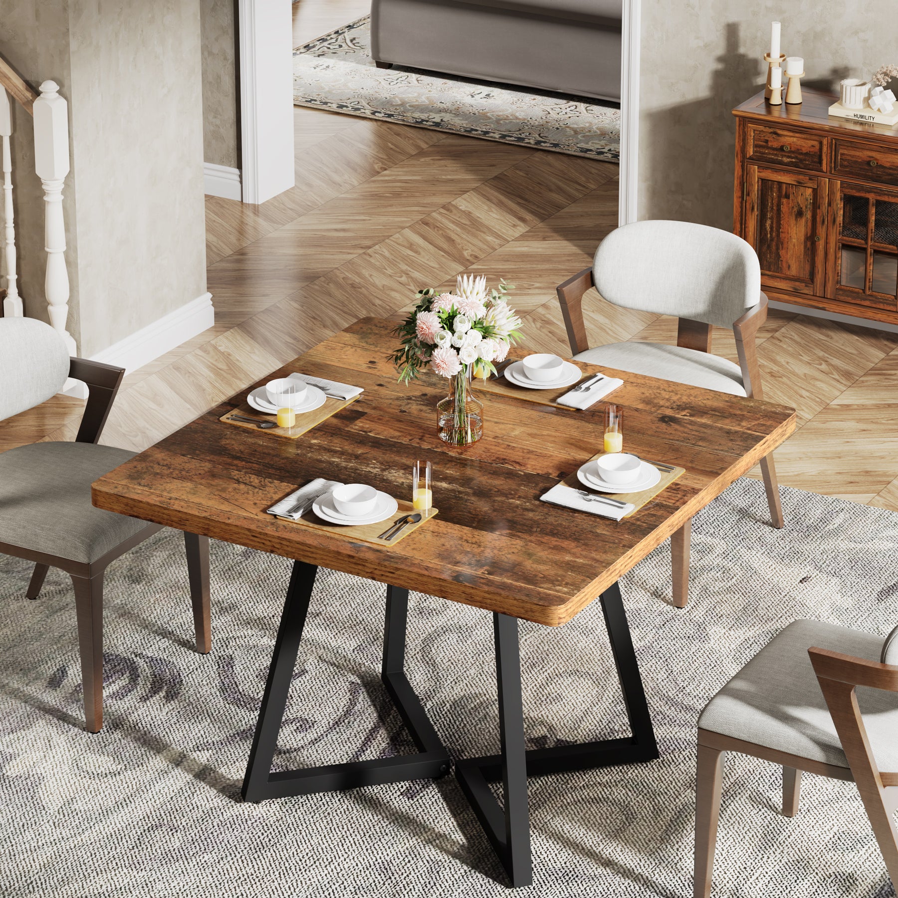 Tribesigns 31.5-Inch Square Dining Table for 4, Compact Kitchen Table with Geometric Metal Base