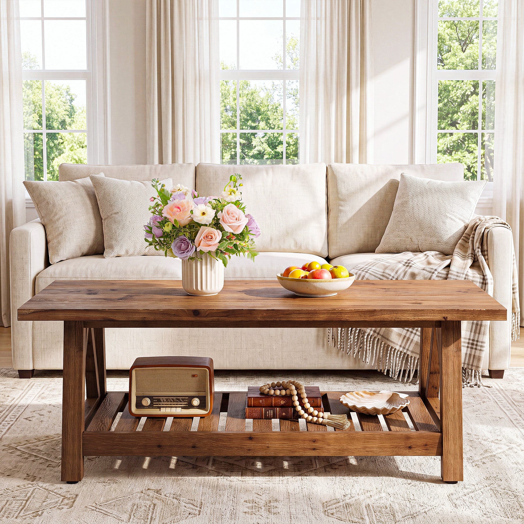 Tribesigns 47.24-Inch Solid Wood Coffee Table, Farmhouse 2-Tier Storage Table for Living Room