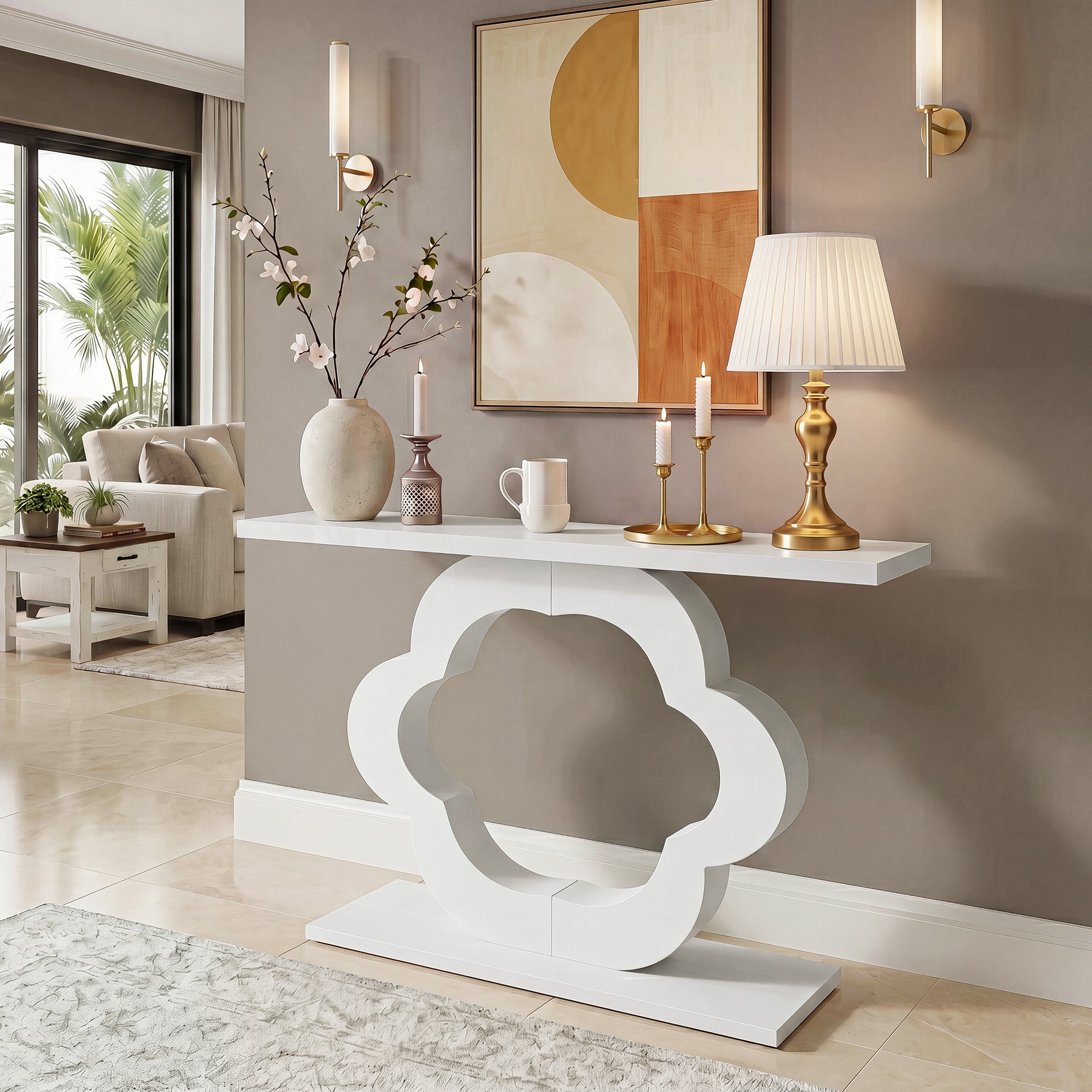 39.4-Inch White High-Gloss Console Table with Flower Cutout Base, Narrow Entryway Table for Living Room and Hallway