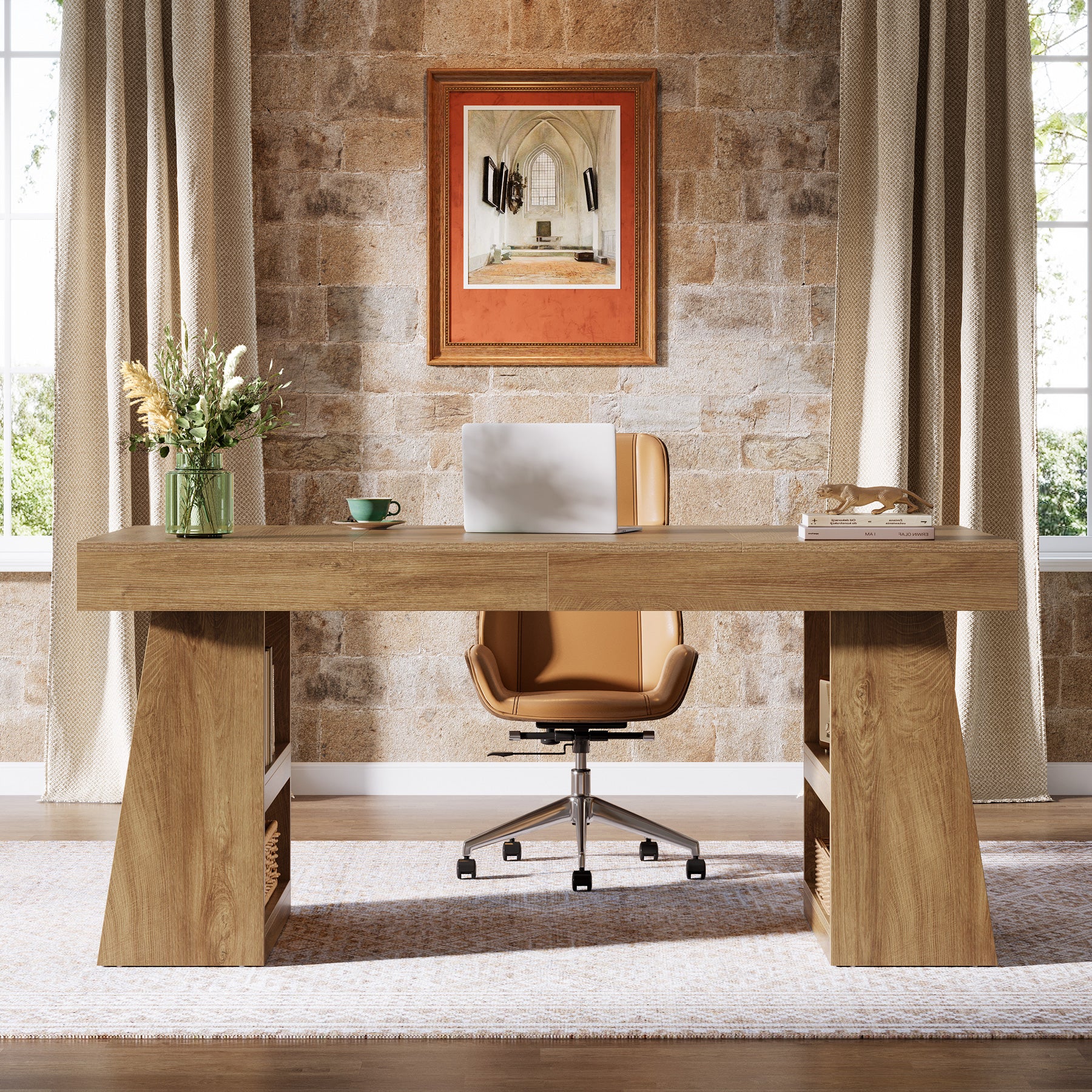 Tribesigns 55 Inch Executive Desk with Drawer, Large Office Computer Desk with Storage Shelves for Home Office