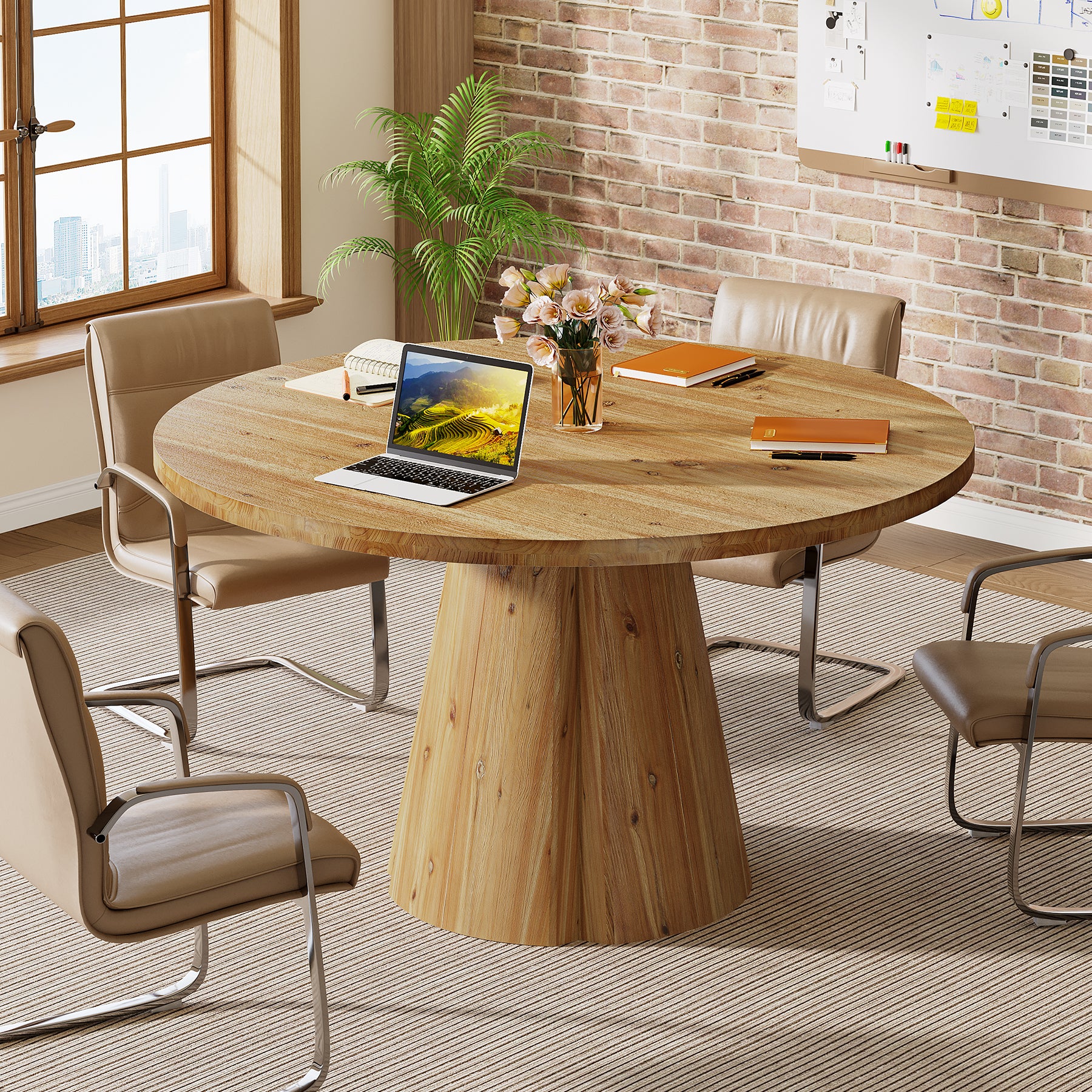 Tribesigns 47.24-Inch Solid Wood Conference Table, Rustic Round Meeting Table with Pedestal Base for Office