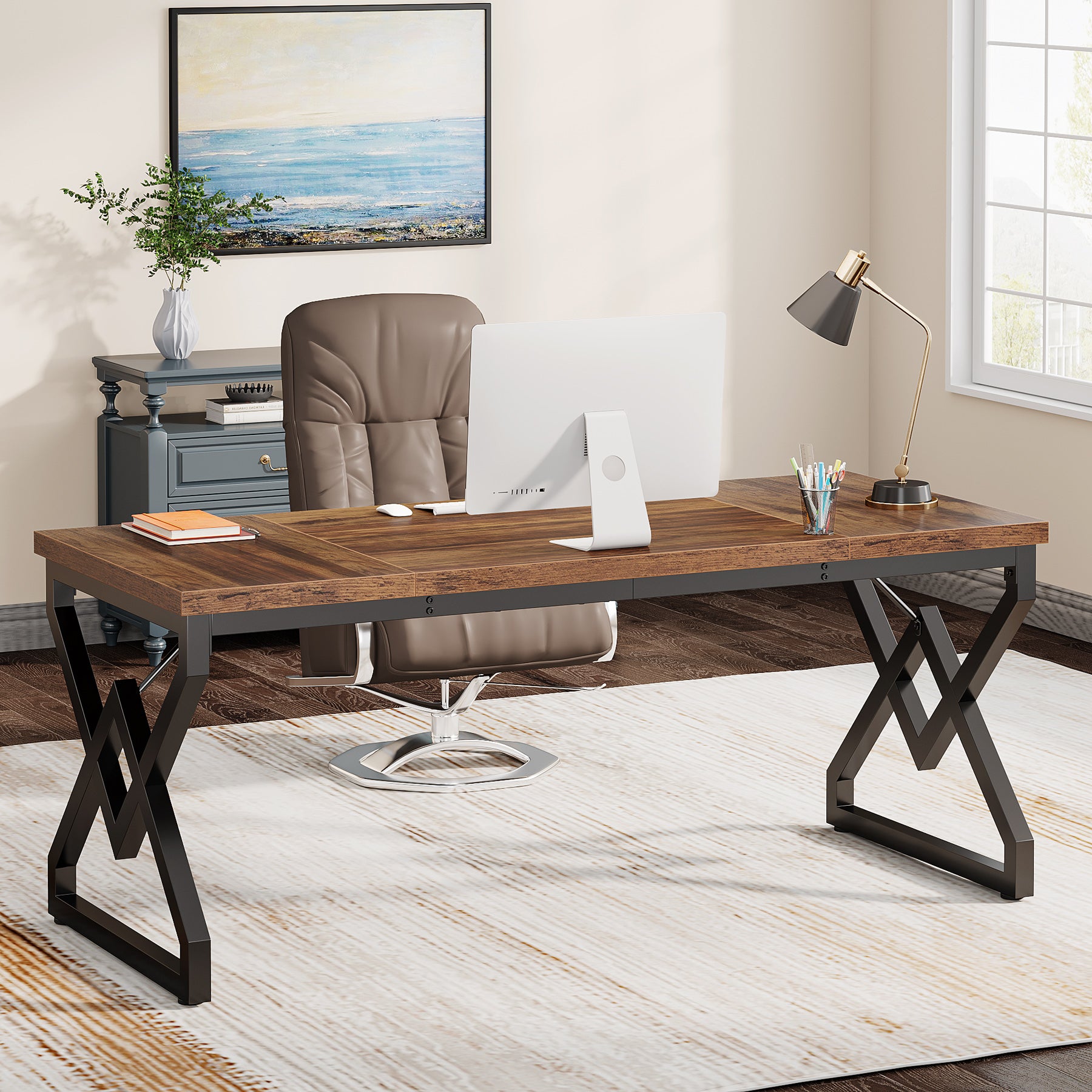 Tribesigns 63-Inch Large Office Desk, Industrial Computer Executive Desk with Extra Thick Wood-Look Top and Metal Frame for Home Office