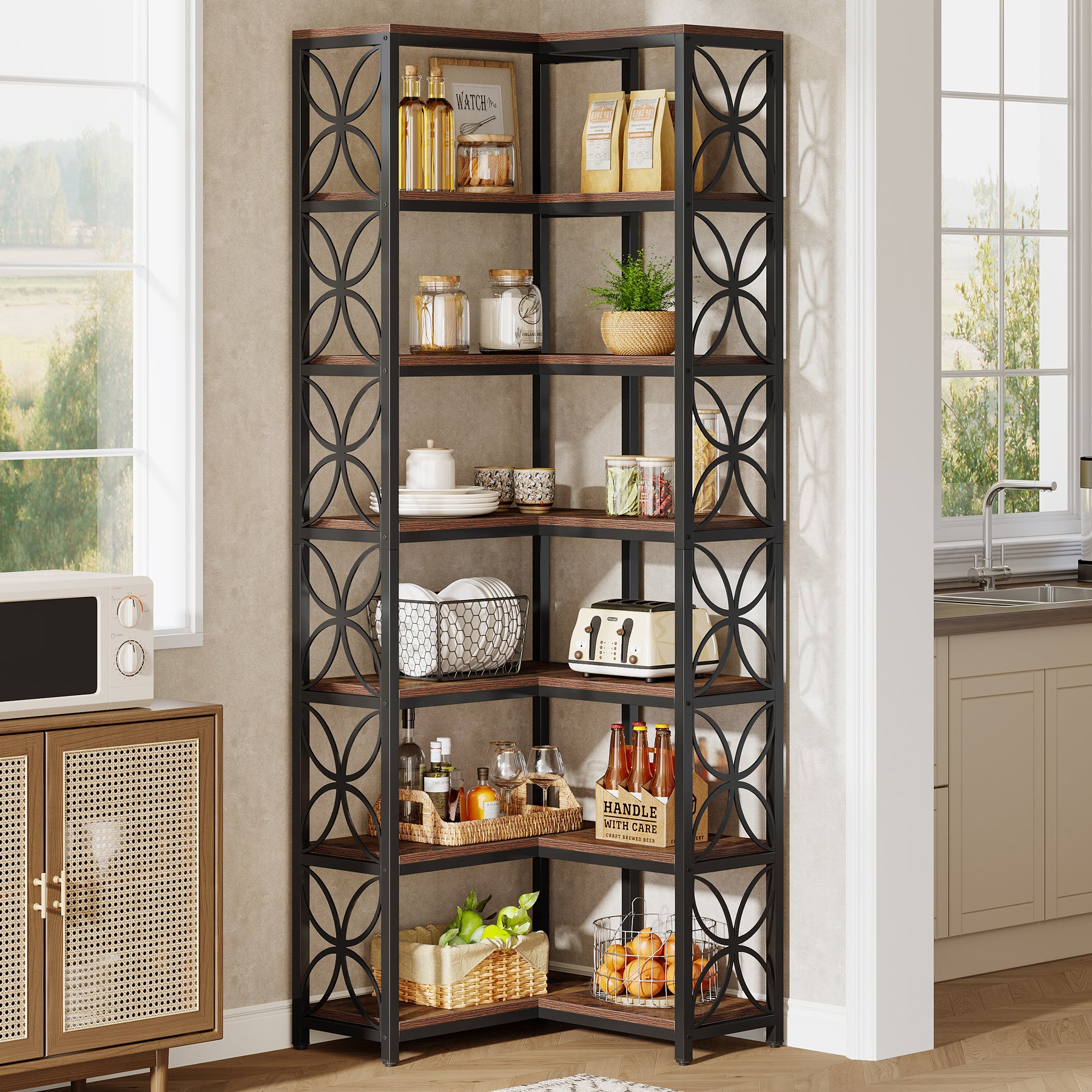 Tribesigns 79-Inch 7-Tier L-Shaped Corner Bookshelf, Tall Wood Bookcase with Metal Frame for Living Room or Office