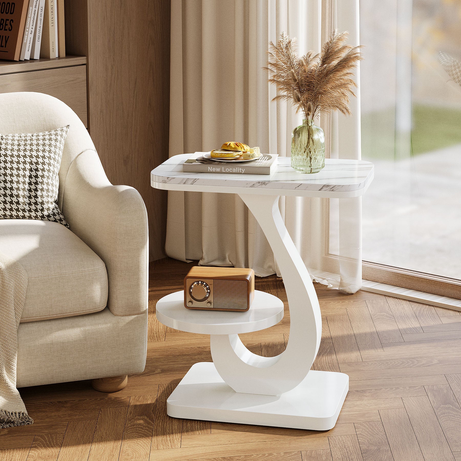 23.62“ C-Shaped End Table with 2-Tier Storage, Faux Marble Top White