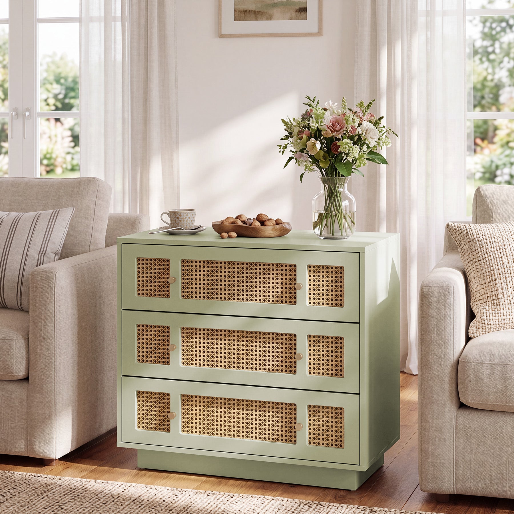 Tribesigns 31.5 Inch Rattan Nightstand with 3 Drawers, Oversized Bedside Table for Bedroom