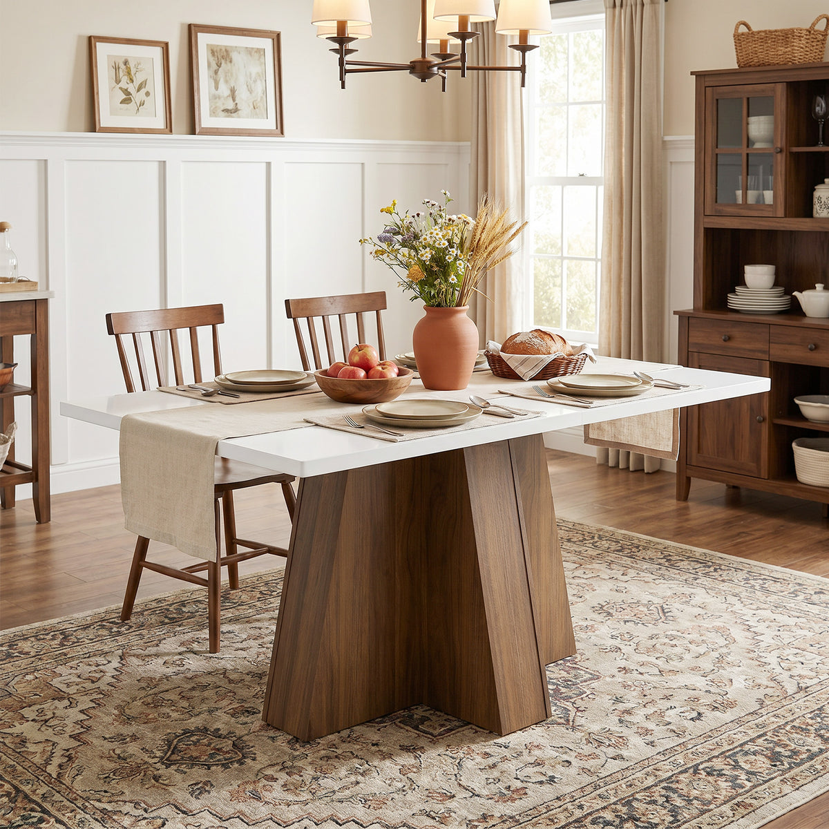 Tribesigns 47 Inch Rectangular Dining Table for 4-6, White Tabletop with Walnut Wood Base for Kitchen and Dining Room