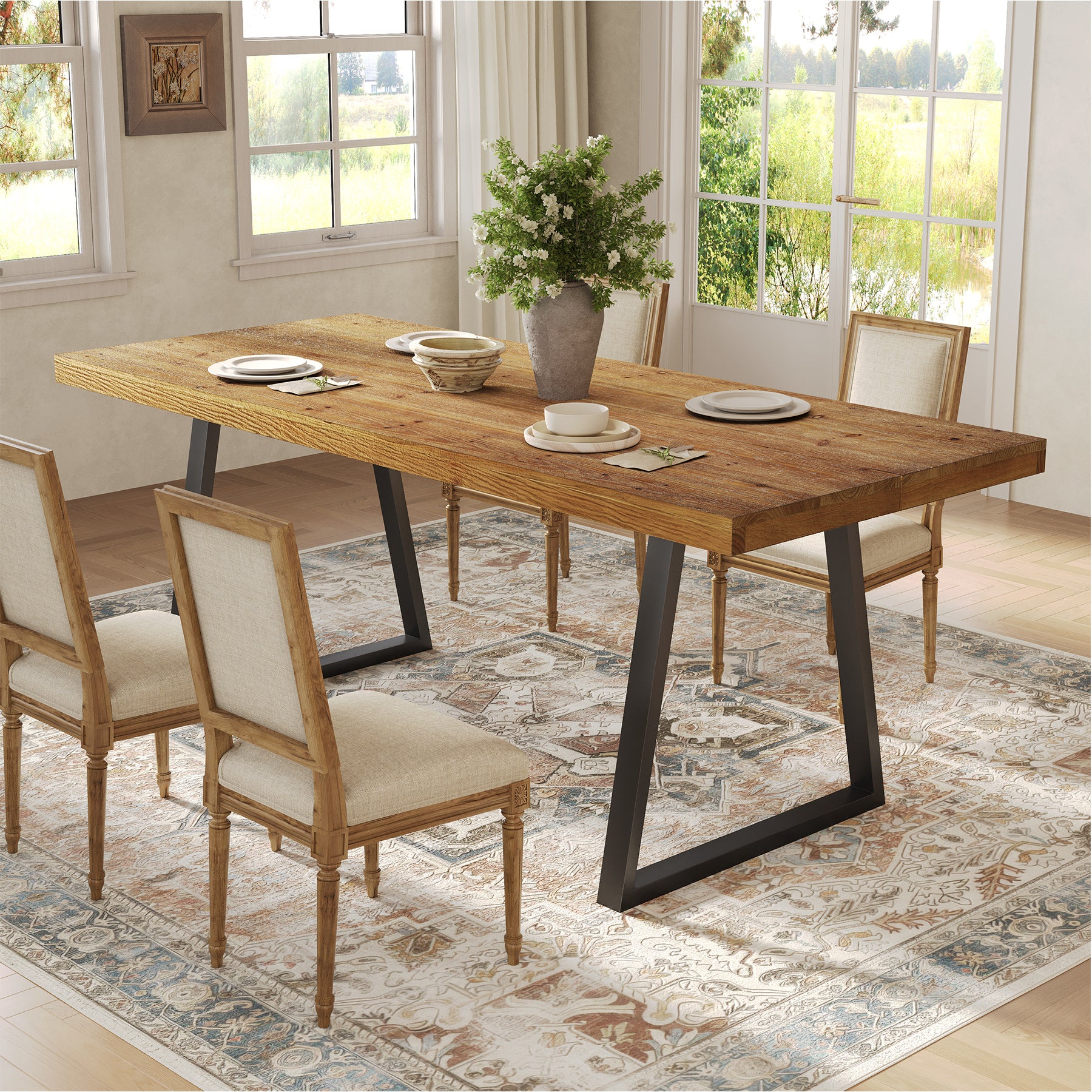 Tribesigns 63-Inch Solid Wood Dining Table with Heavy-Duty Metal Legs, Industrial Kitchen Table for 4-6 People