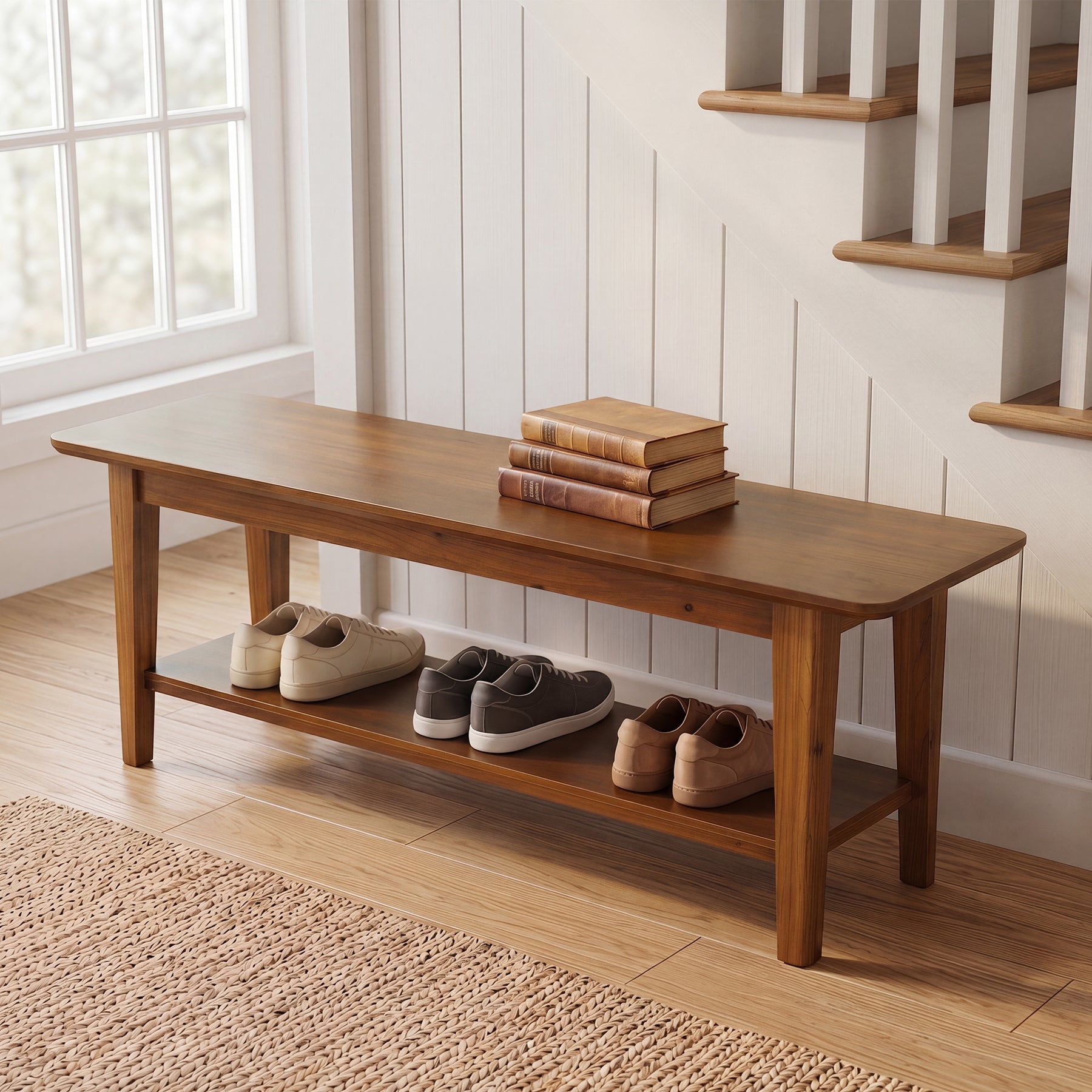 Tribesigns 55.12-Inch Wooden Shoe Bench with Open Shelves, Farmhouse Entryway Bench for Hallway
