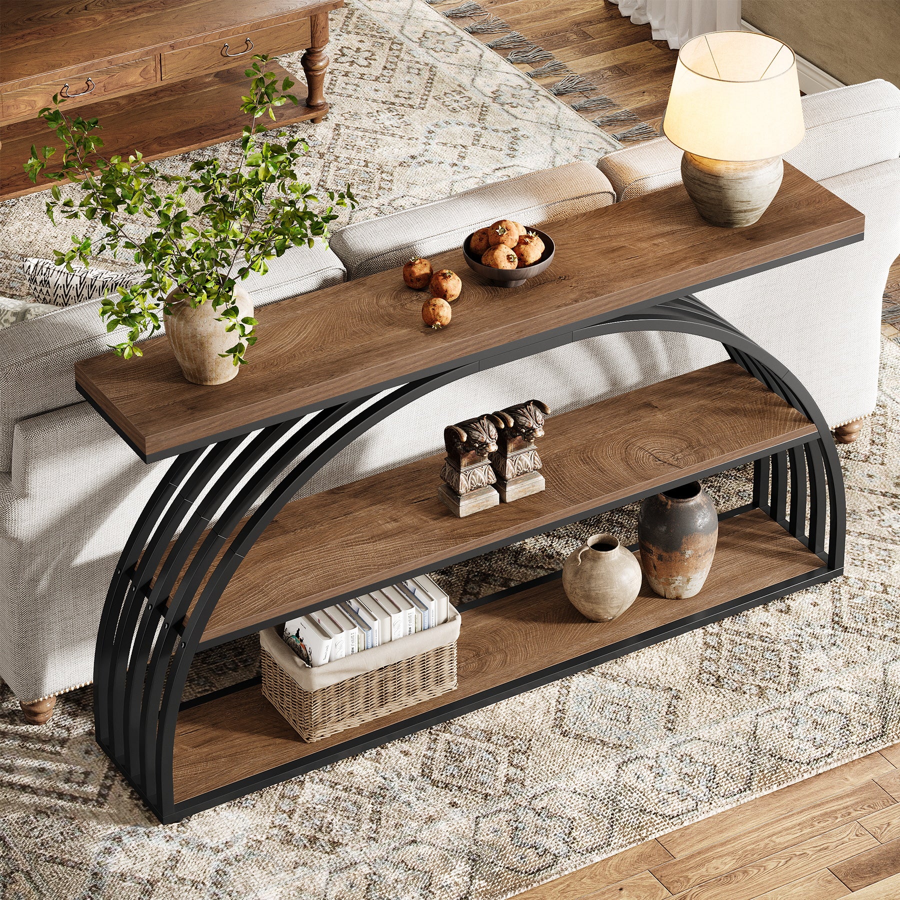 Tribesigns 63-Inch Console Table with 3-Tier Storage Shelves, Arched Frame Sofa Table for Living Room