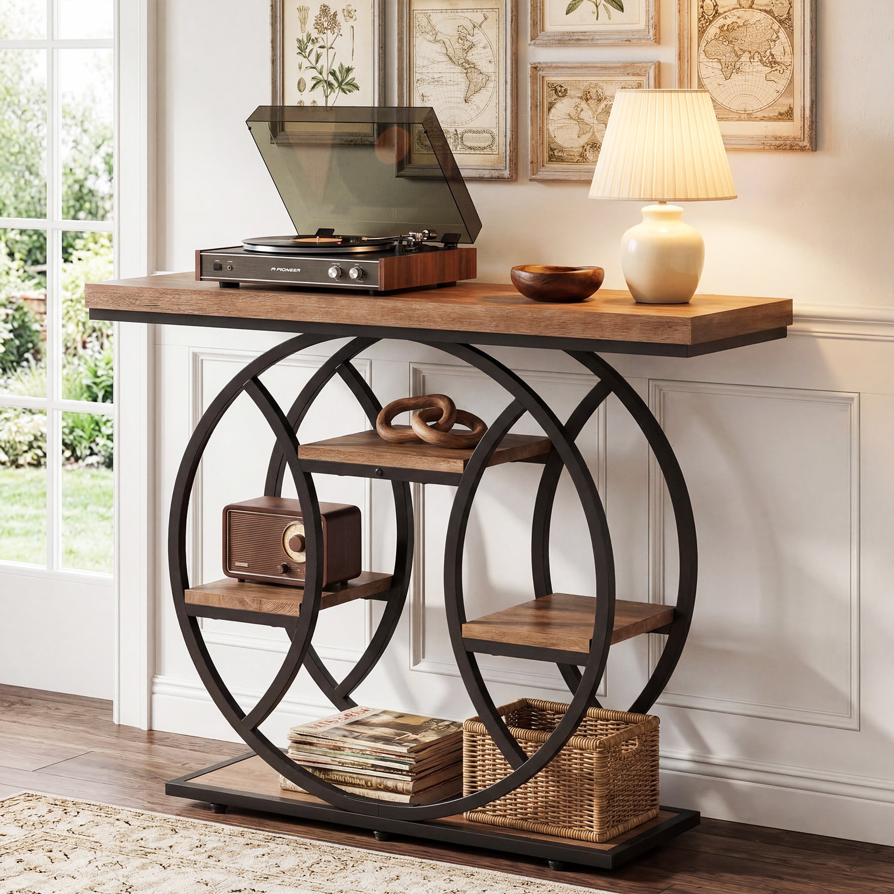 41.3" Industrial Console Table with 4-Tier Storage, Entryway Sofa Table for Hallway Living Room Entrance