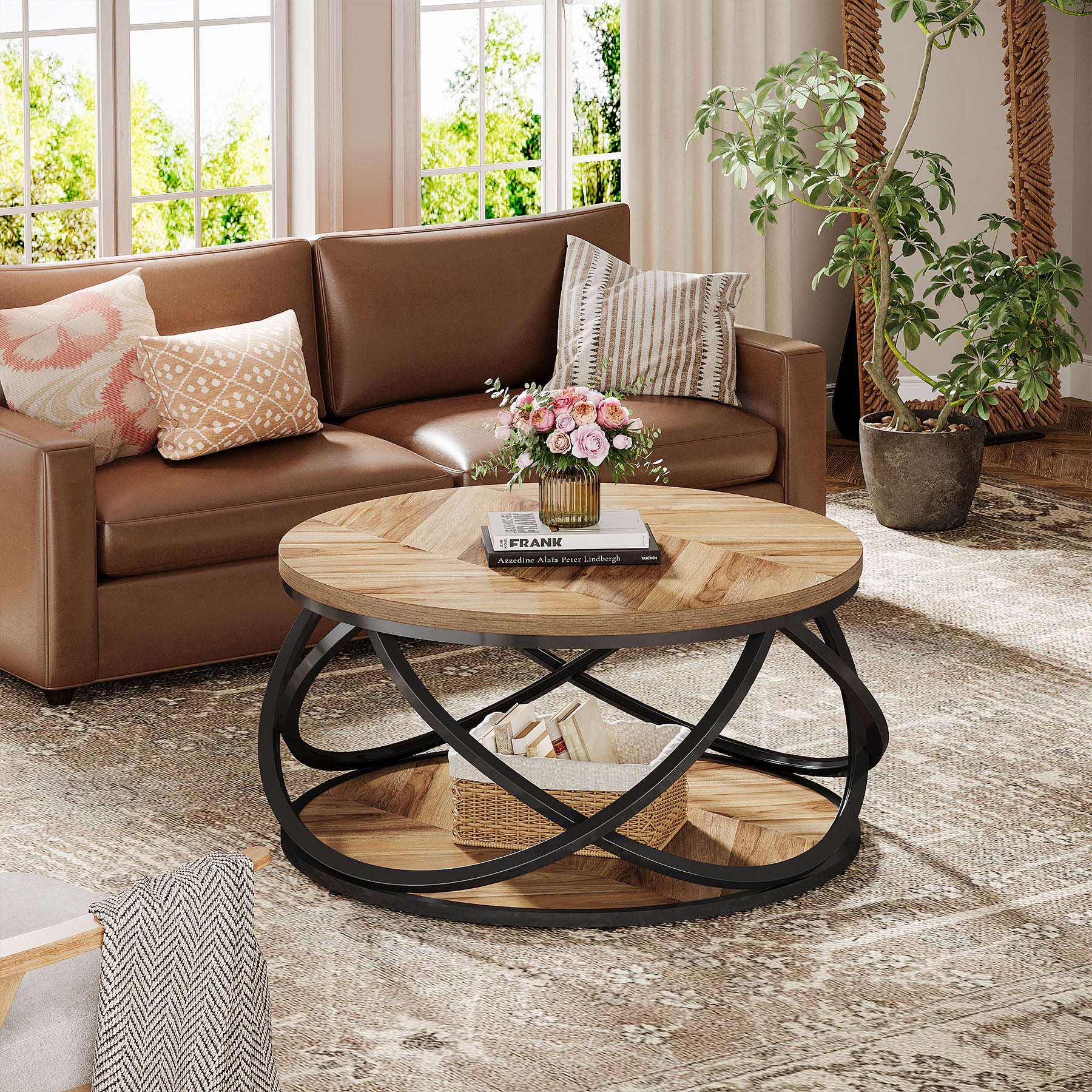 31.5" Two-Tier Round Coffee Table, Modern Circle Center Table with Wood Grain and Cross Metal Base