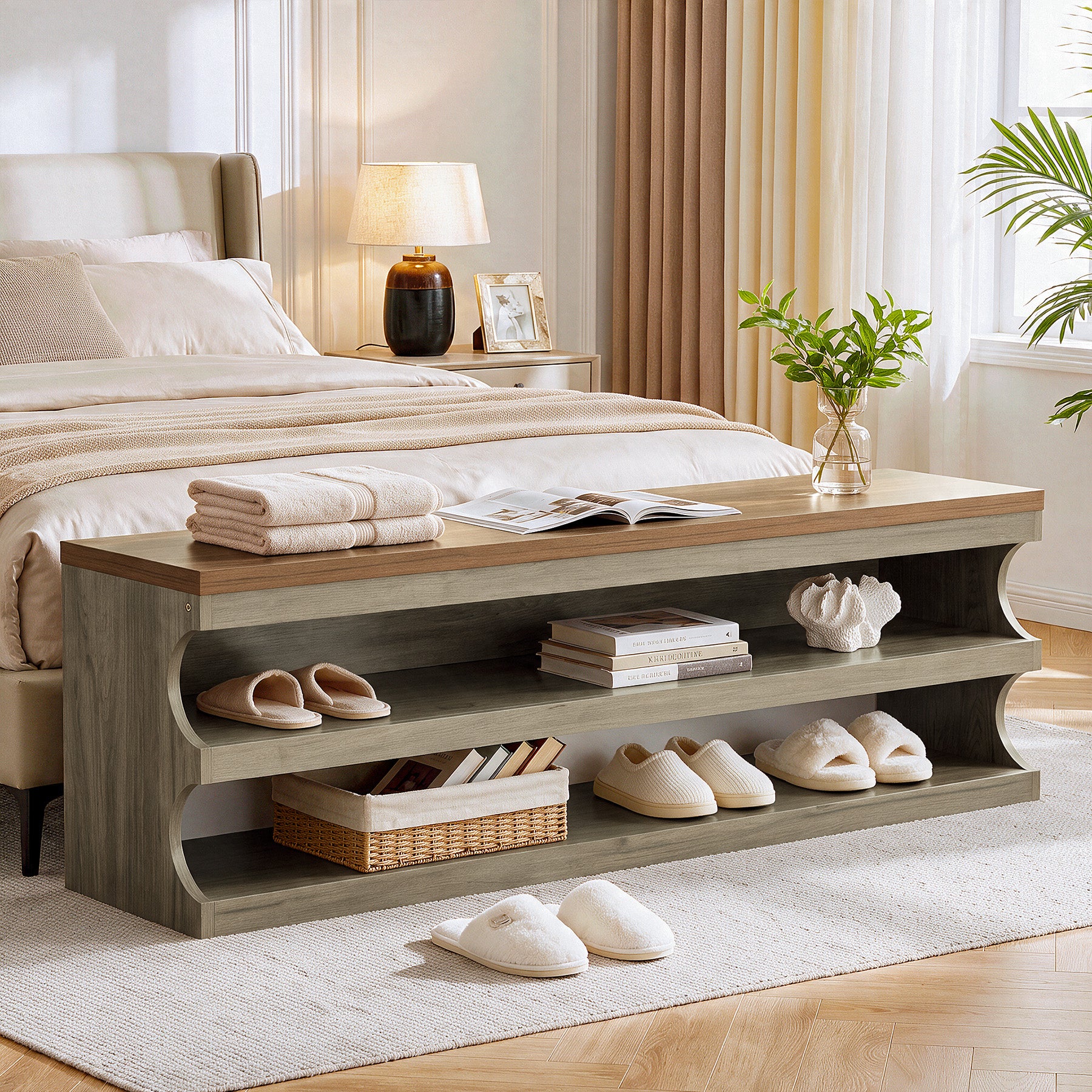 Tribesigns 55 Inch Entryway Bench, 3 Tier Shoe Storage Bench with Seating for Hallway and Bedroom