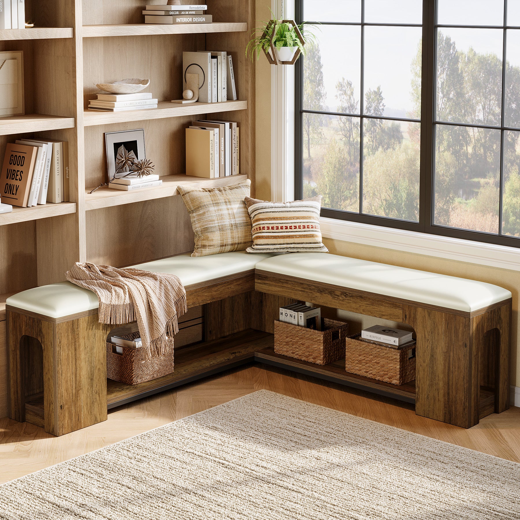 47.24-Inch L Shaped Corner Bench with Removable Seat Cushion and 2-Tier Storage, Farmhouse Breakfast Nook Bench