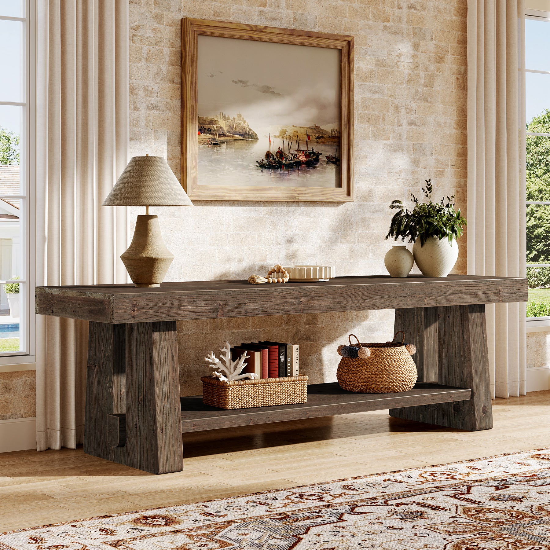 Tribesigns 63-Inch Solid Wood Farmhouse Bench with 2-Tier Open Shoe Storage