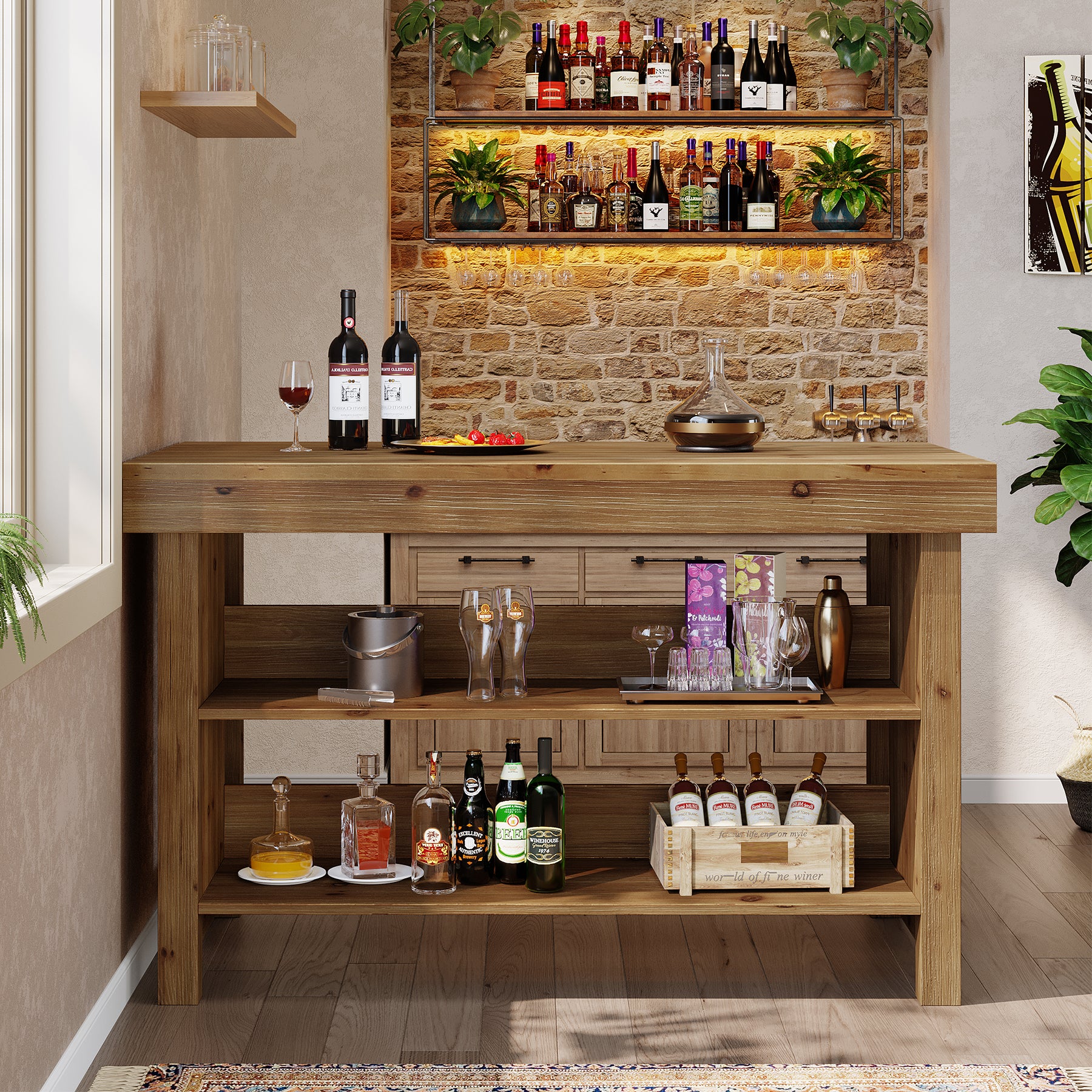 Tribesigns 55-Inch Solid Wood Bar Table with 3-Tier Open Storage Shelves, Farmhouse Counter Height Pub Table