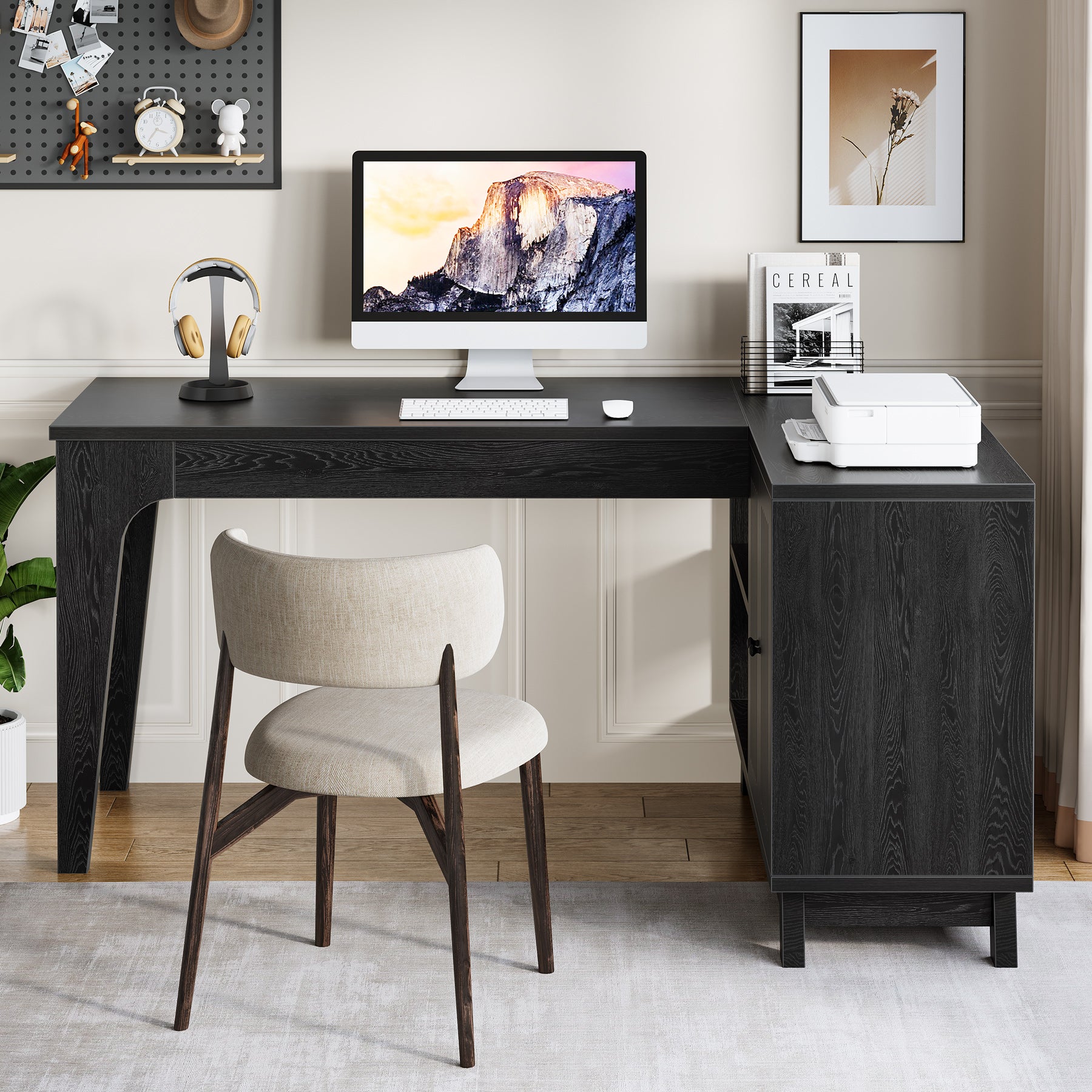 57-Inch L-Shaped Corner Desk with Storage Cabinet, Wood Home Office Workstation and Study Writing Table