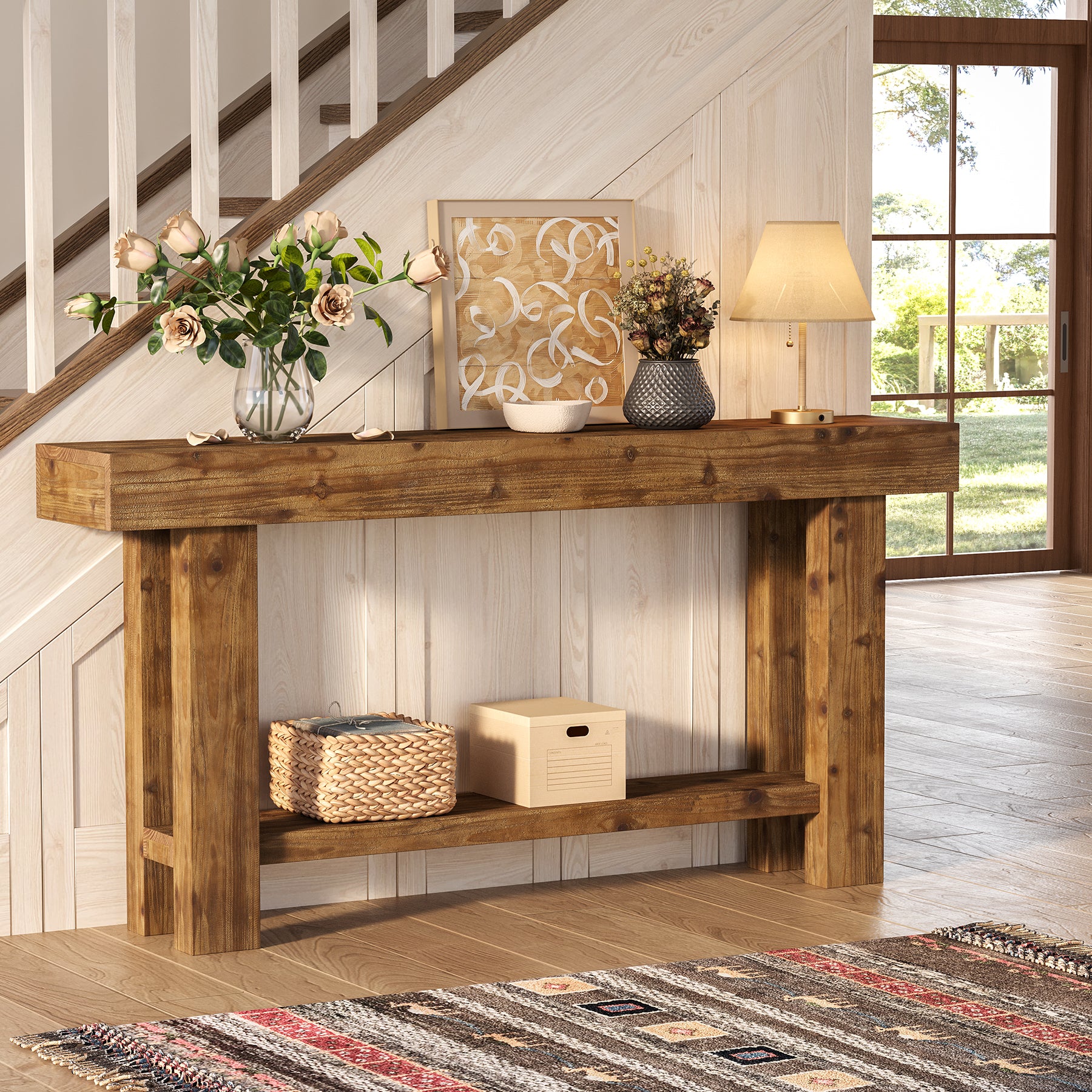 63-Inch Solid Wood Console Table with 2-Tier Storage Shelf, Farmhouse Narrow Sofa Table for Entryway