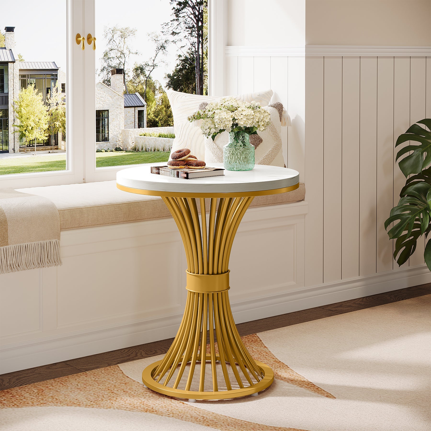 Tribesigns 20" Round End Table with Faux Marble Top, White Side Table with Gold Metal Base