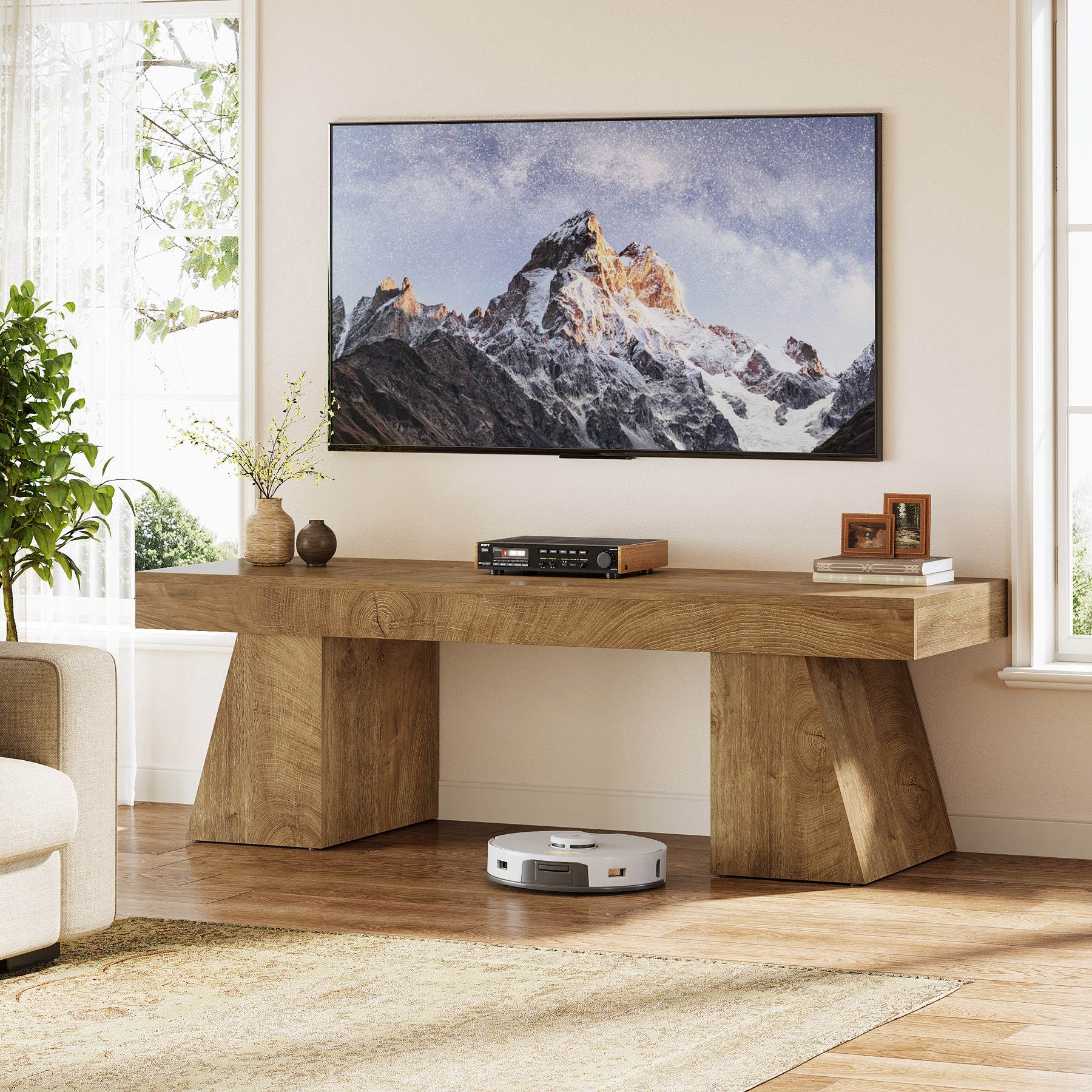 Tribesigns 63-Inch Farmhouse TV Stand for 55-75 Inch TVs with Double Geometric Pedestal, Media Console for Living Room and Bedroom