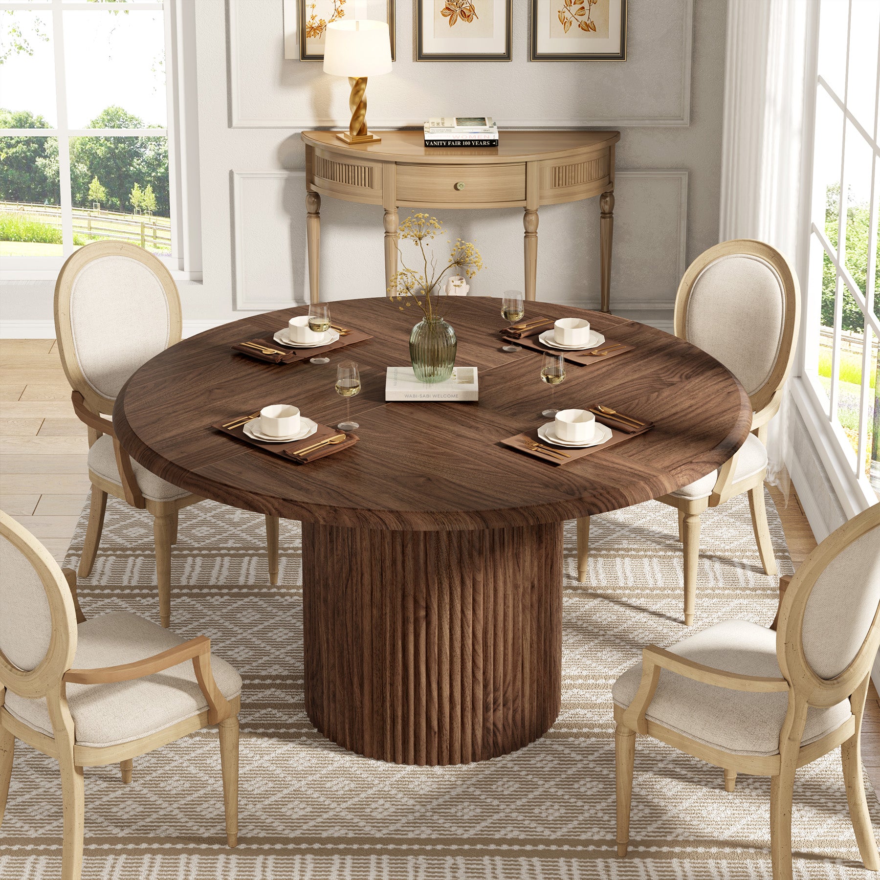 Modern Round Dining Table, 47-Inch 4-Seater with Metal Base