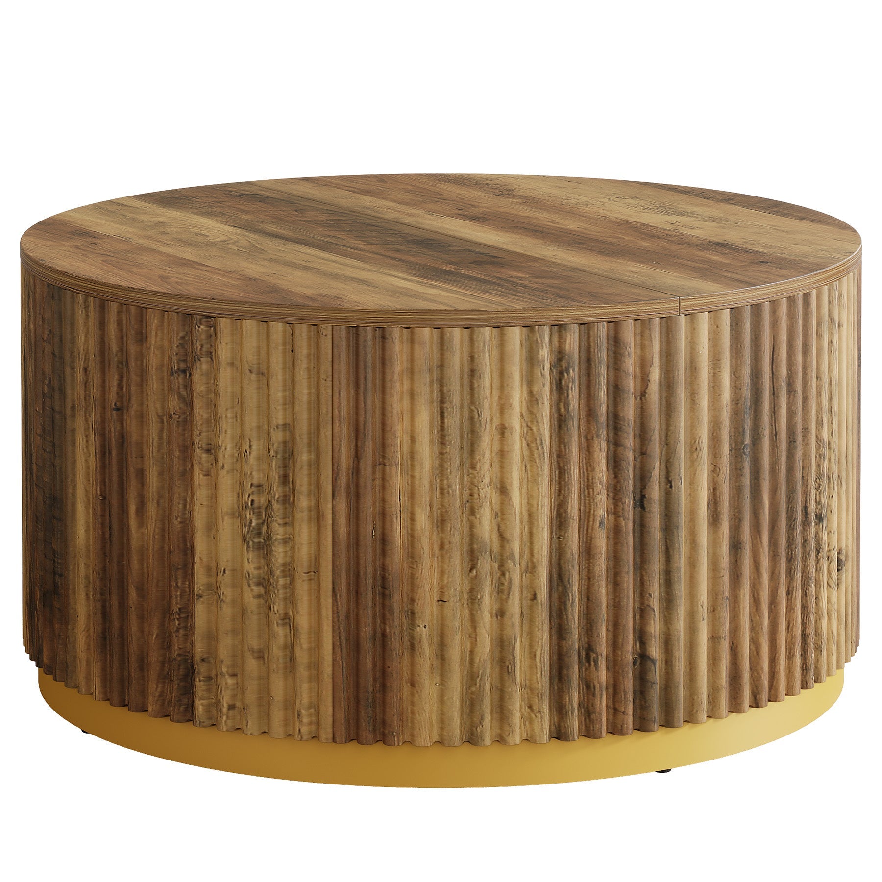 31.5" Round Fluted Wood Coffee Table with Drum Base, Mid Century Modern Rustic Brown