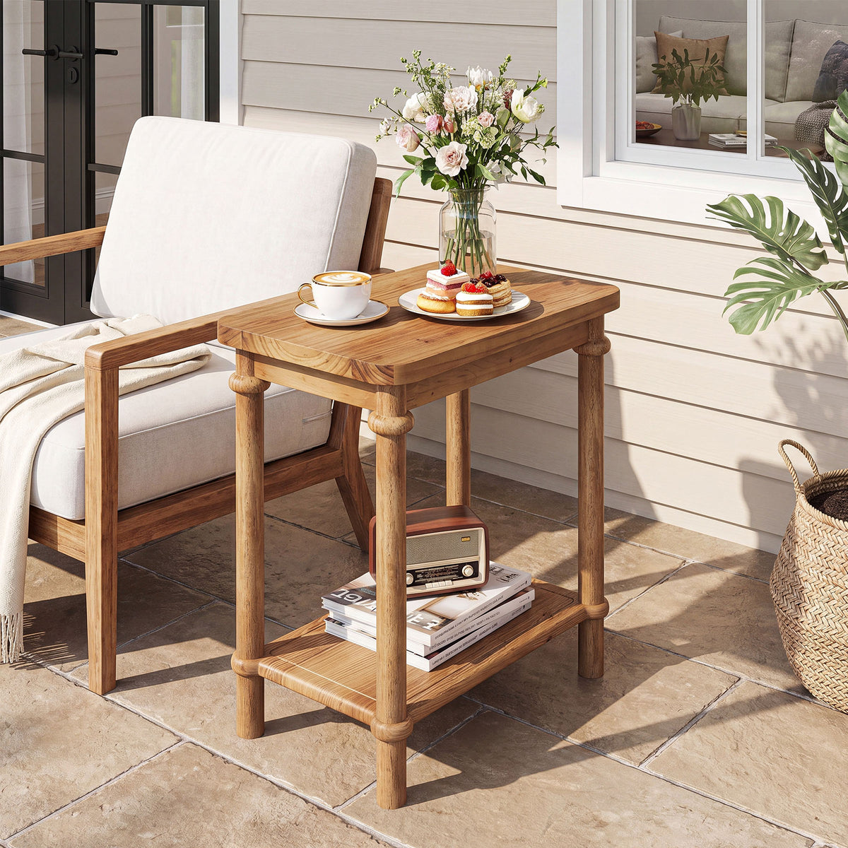 2-Tier Solid Wood Side Table with Storage Shelf, Space-Saving End Table for Living Room and Bedroom