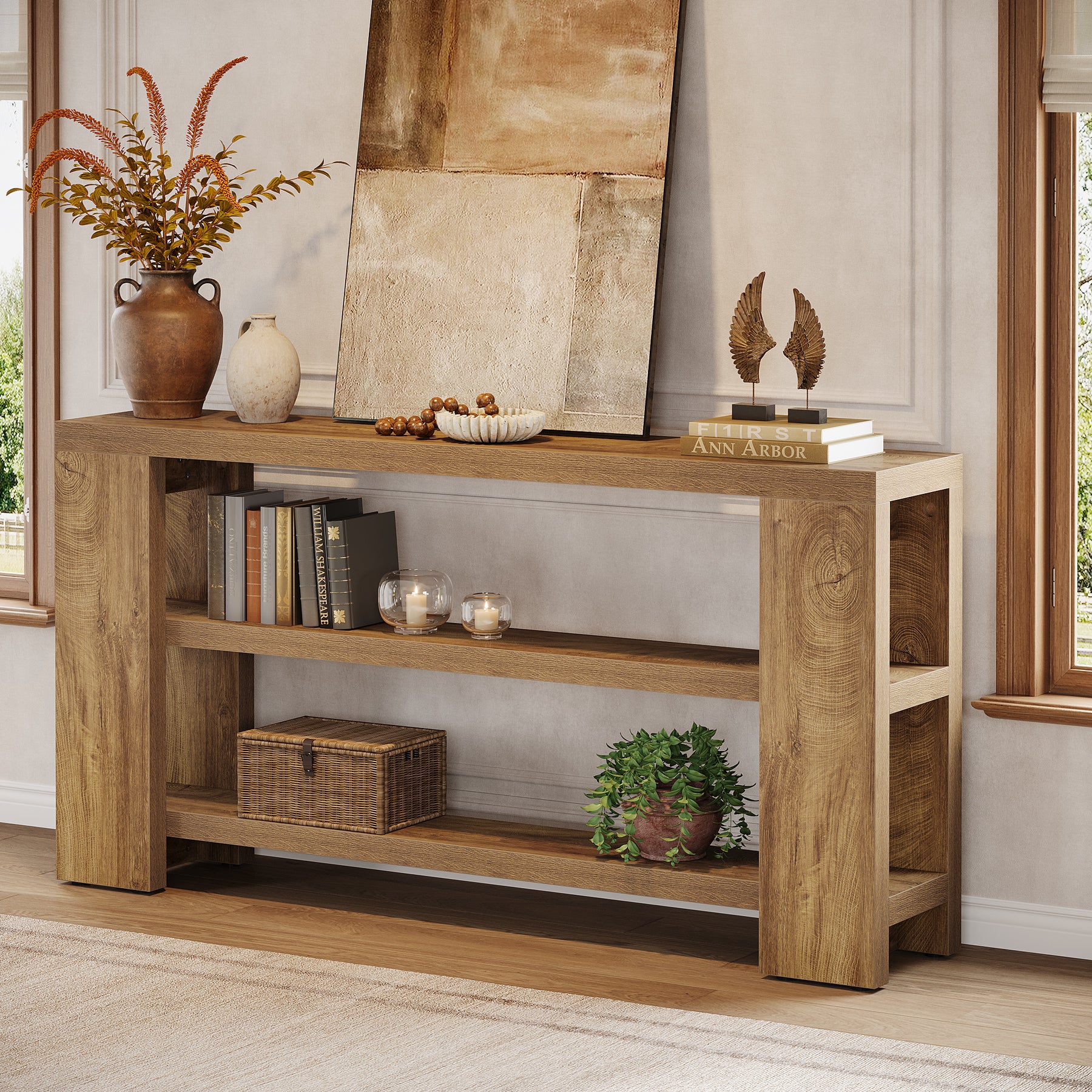 63-Inch Industrial Console Table, Narrow Wooden Sofa Table with Metal Frame