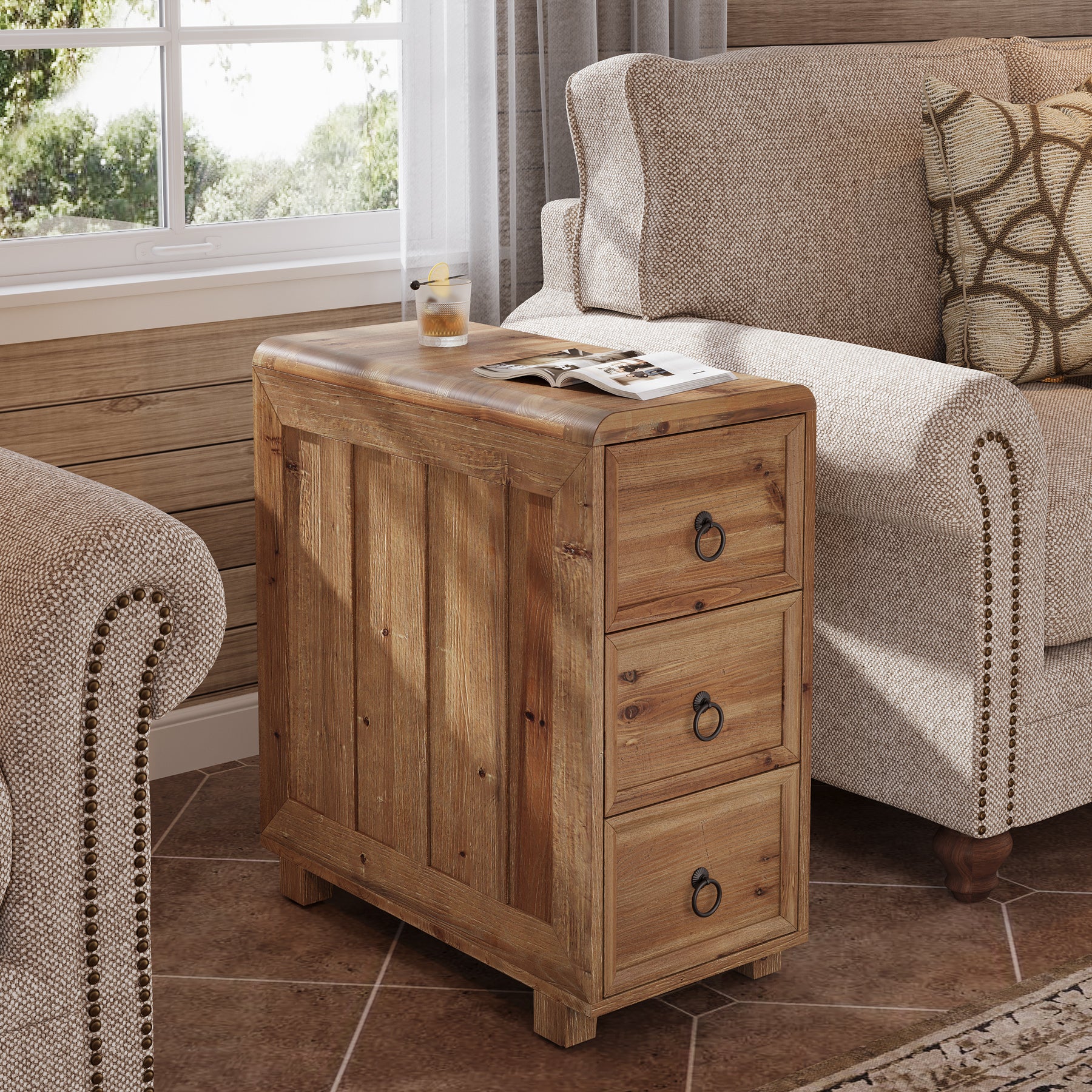 Tribesigns 11.81 Inch Narrow Solid Wood Side Table with 3 Drawers, Slim Bedside Table for Bedroom