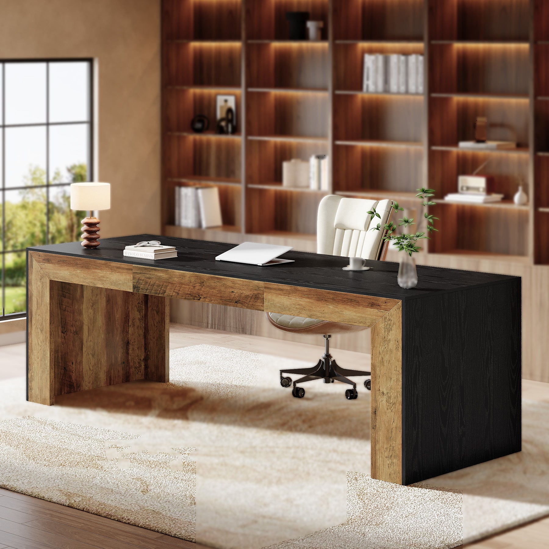 78.7-Inch Two-Person Computer Desk with Reinforced Double-Rectangle Legs, Farmhouse Executive Desk for Home Office