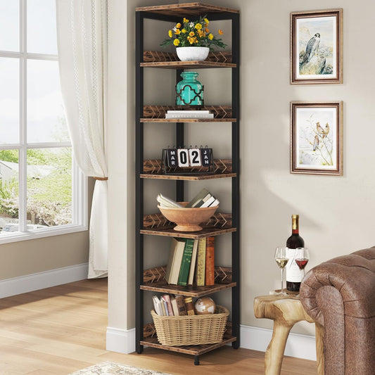 6-Tier Corner Shelf, 76.77" Narrow Etagere Bookshelf Storage Rack Tribesigns